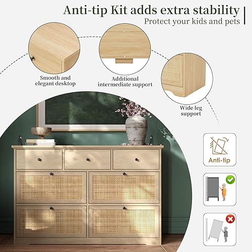 Miniatura 6 de Yechen Cómoda moderna con cajones de ratán natural, madera industrial para dormitorio con patas de acero resistentes, organizador de vestidores de