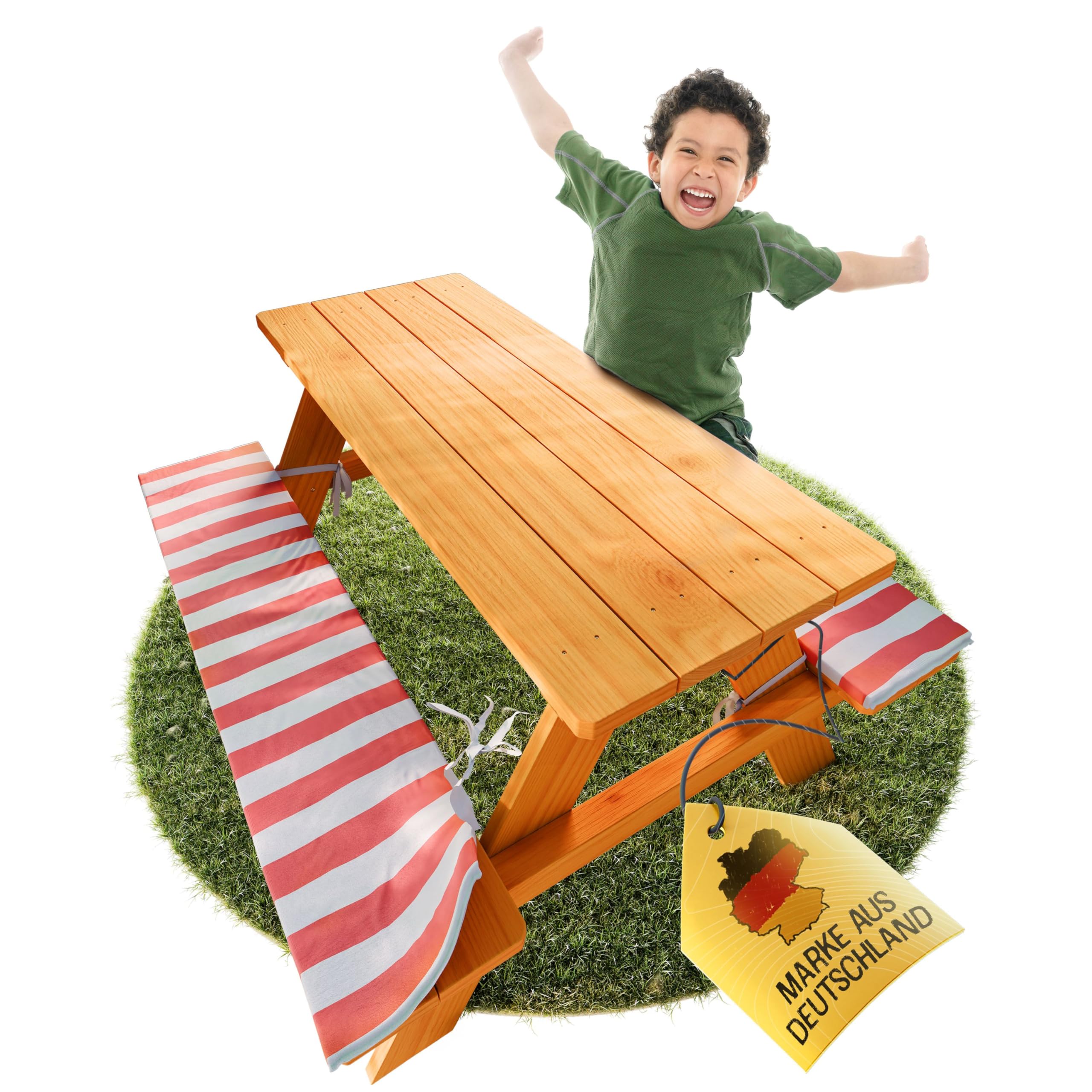 FRIEDO - Kindersitzgruppe inkl. Polsterauflage - Gepürfte Kinder Gartenmöbel - Sitzgruppe Kinder Outdoor perfekt für den Garten oder als Picknicktisch - Kindersitzgarnitur aus Holz