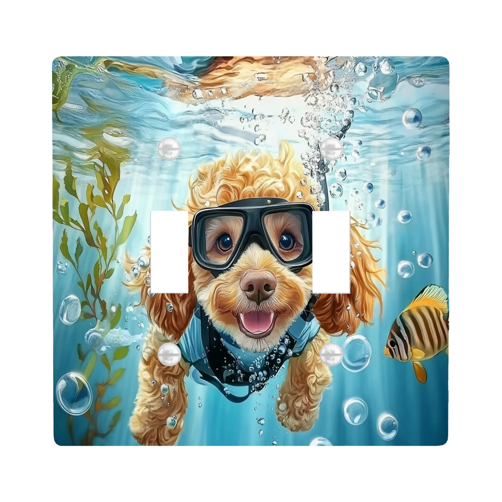 Spring Golden Doodle Dog Decorative Light Switch Cover Wall Plate 2 Gang Double Toggle, Funny Puppy Kids Ocean Cartoon Electrical Faceplate for