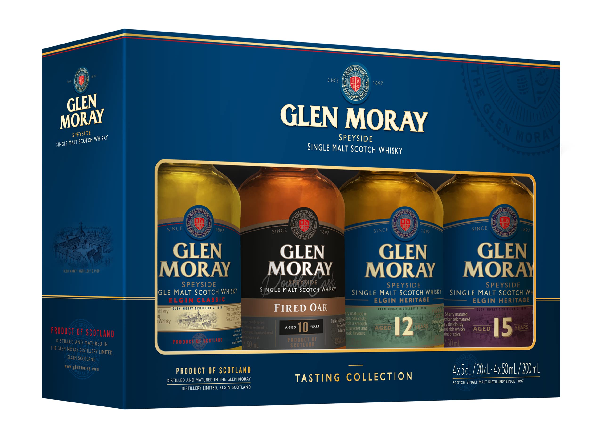 Glen Moray Heritage miniatures set of 4x5cl 40% ABV, Speyside region single malt whisky including the Classic, 10YO Fired Oak, 12YO and 15YO whiskies. Distilled and matured in Elgin, Scotland