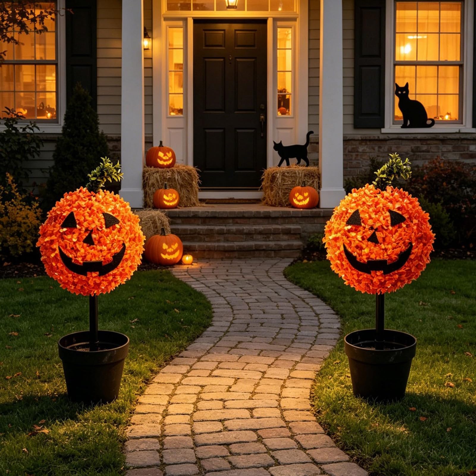 Sztuczne drzewo topiary z dyni, dekoracje zewnętrzne na Halloween | Trwała świąteczna jesienna dekoracja na ganek domowy trawnik ogrodowy B 1 szt
