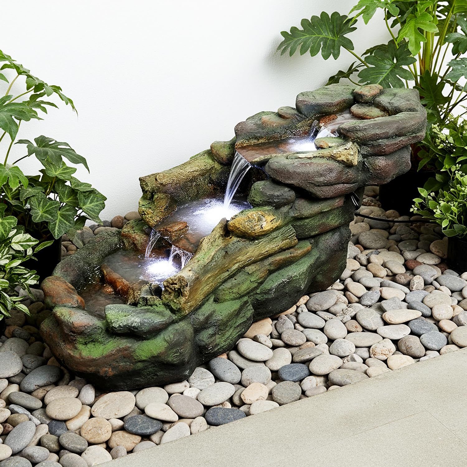 SunJet Cascading Rock Outdoor Water Fountain with LED Lights - 39” Length Resin Stone Look Garden Waterfall Fountain, Freestanding Floor Fountain with UL Certified Pump for Patio Backyard Yard Decor