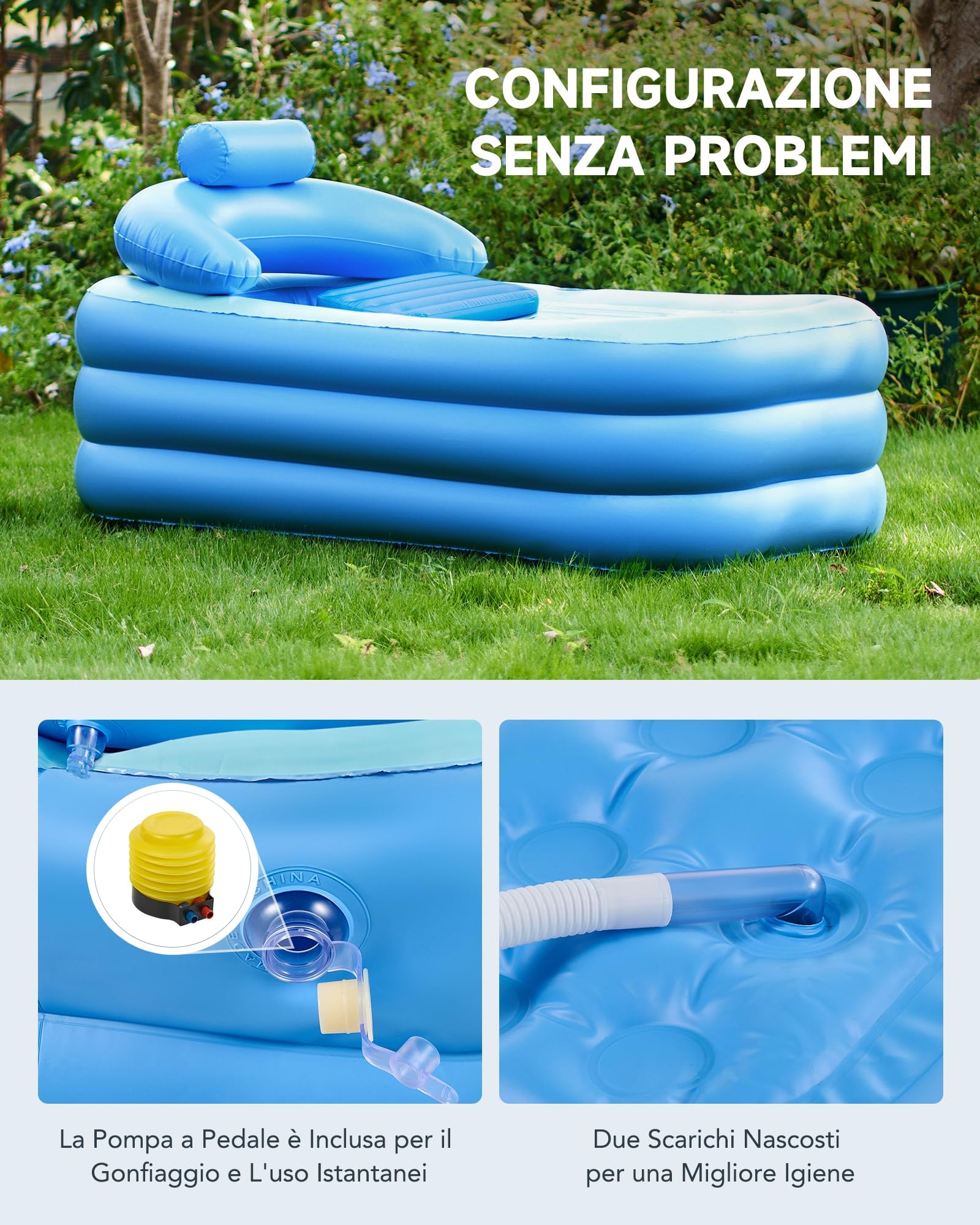 CO-Z Vasca da Bagno Pieghevole Gonfiabile per Adulti e Bambini Vasca Gonfiabile in PVC da 94L con Pompa a Pedale Portabicchieri e Coperchio Staccabile Vasca Portatile per Famiglie con 3 Camere d'Aria