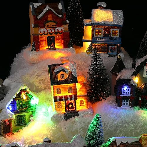 Miniatura 6 de Kajaia 12 Piezas Casas de Pueblo de Invierno Navideño con 12 Piezas de Árboles Lámpara Luces LED Navidad Figurita de Pueblo de Invierno Accesorio de