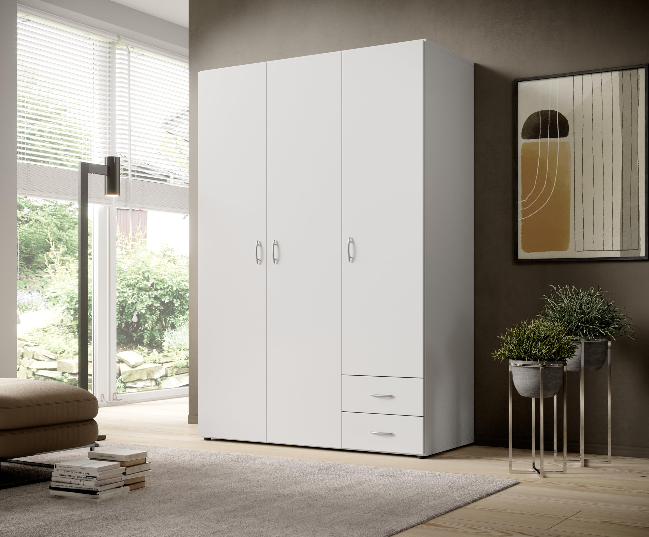 Armadio Guardaroba 3 Ante e 2 Cassetti | Armadio Camera da Letto Moderno 121x177x51 cm (LxHxP) | Ampio Spazio Organizzativo con Barra Appendiabiti | Colore Bianco