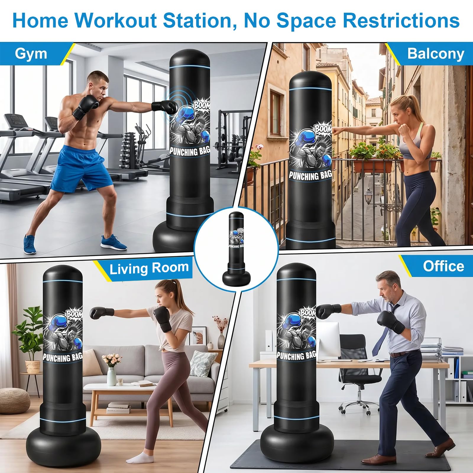 Qoosea Sacco da Boxe da Terra 180cm, Stabile Sacco da Boxe per Adulti Pungiball con Guantoni e Pompa, Sacchi da Box Gonfiabile per Pratica di TaekwondoKarate MMA Fitness