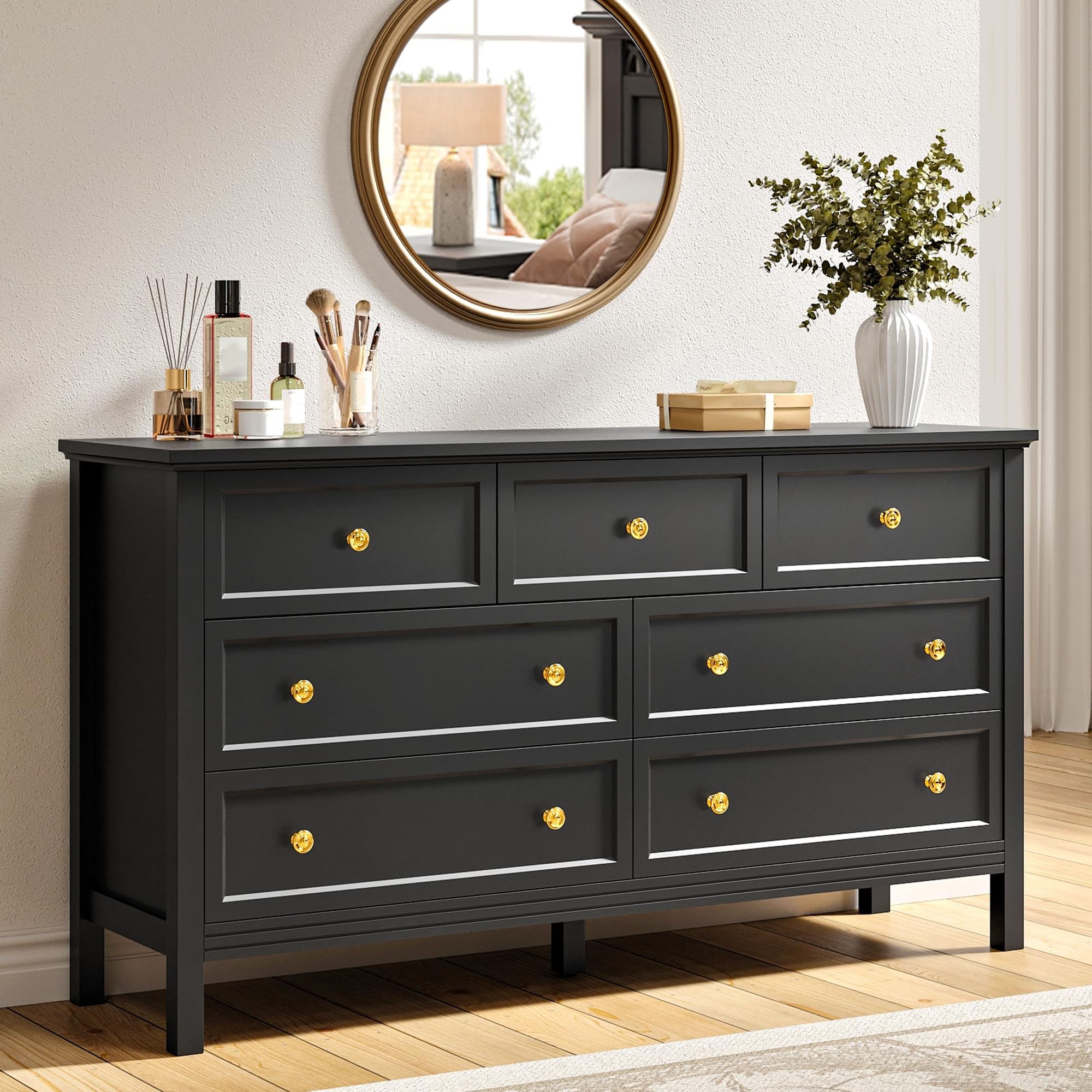 BAZELOR 7 Drawer Black Dresser for Bedroom, 55