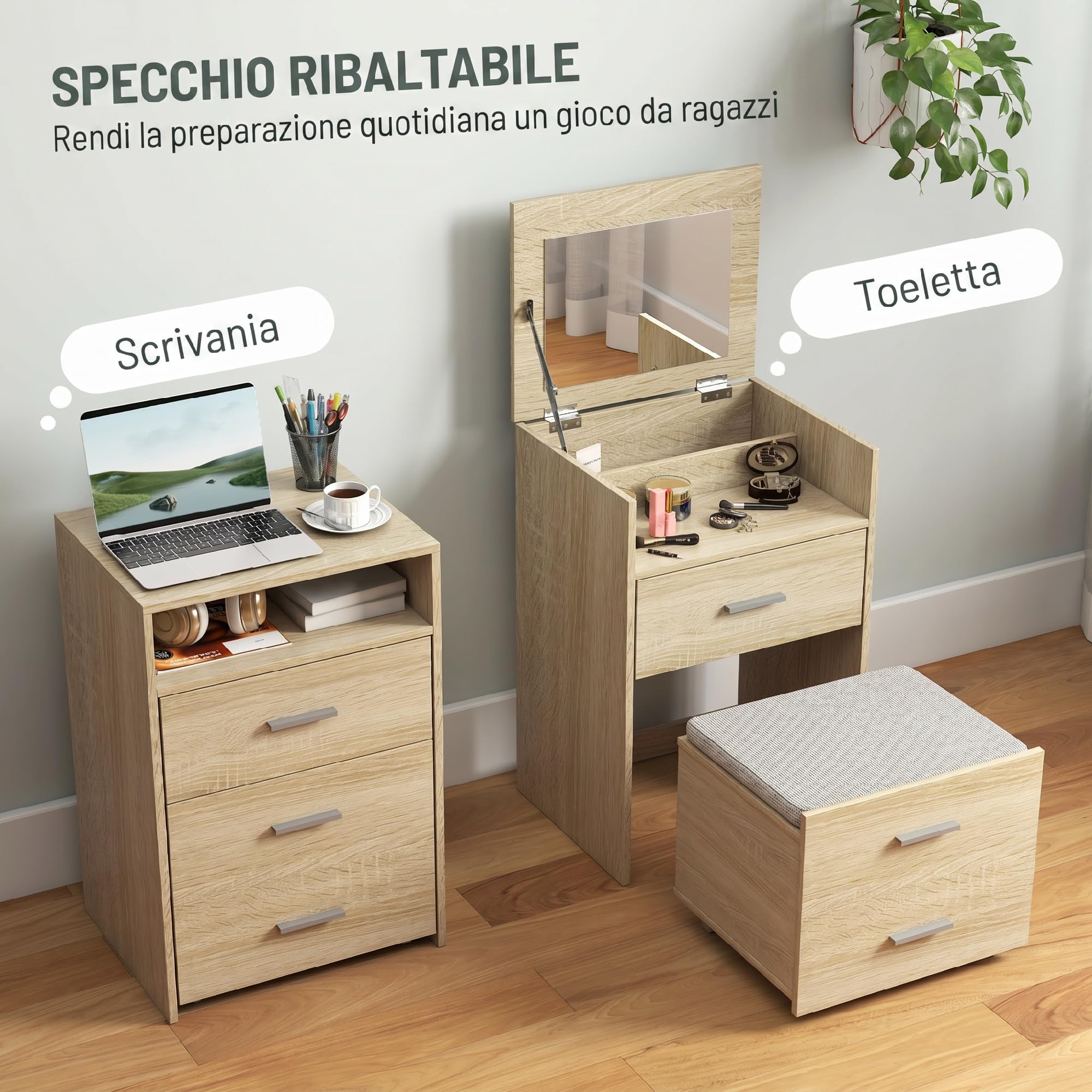 HOMCOM Postazione Trucco con Specchio a Ribalta, Sgabello a Scomparsa con Ruote, Toeletta Trucco con Sgabello, Cassetti, Cuscino in Effetto Lino Staccabile Lavabile, Scomparti, Salvaspazio, Naturale