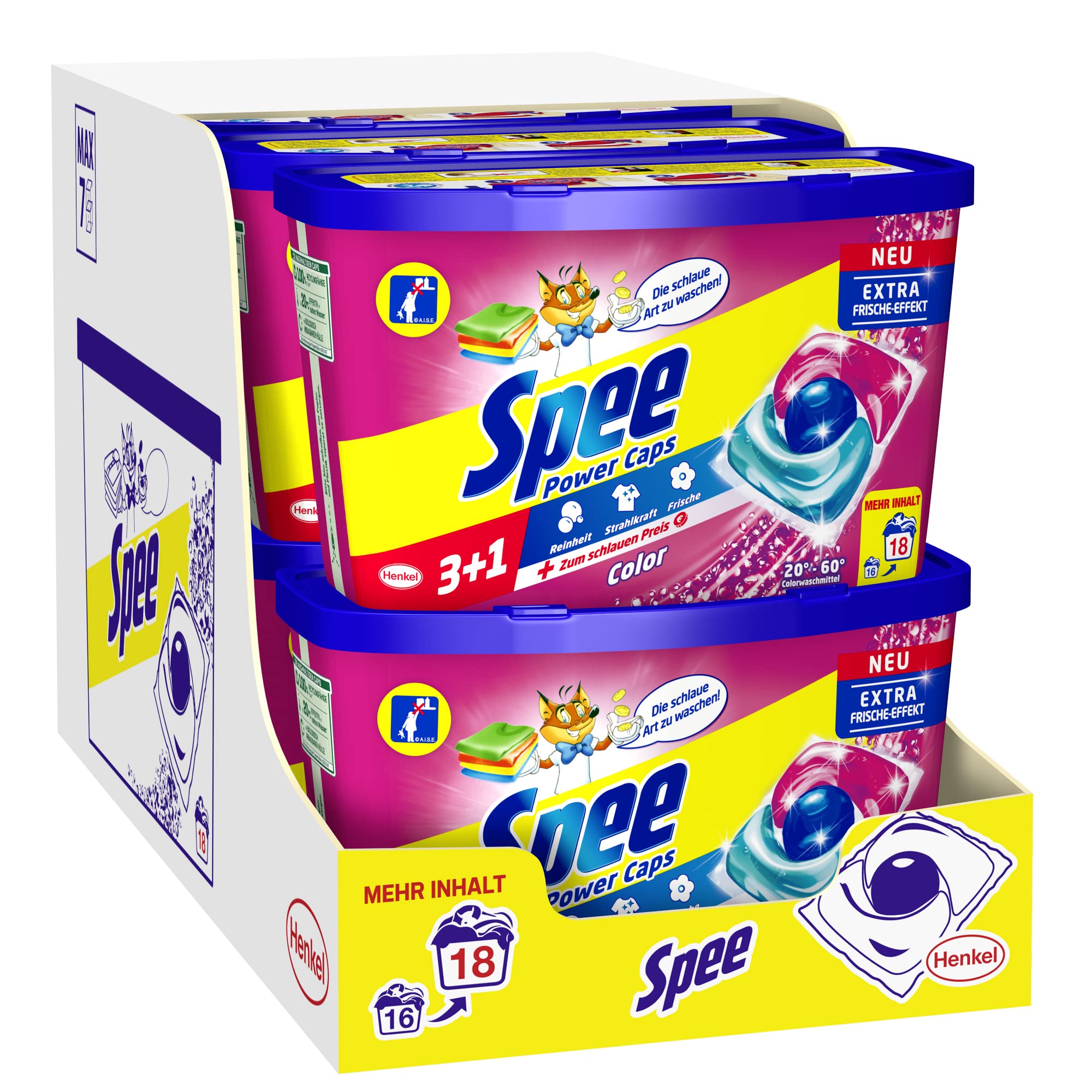Spee Power Caps Color 3+1, 144 (8 x 18) Waschladungen, Colorwaschmittel verleiht Reinheit, Strahlkraft & Frische zum schlauen Preis, Waschmittel mit Extra Frische-Effekt, 20–95 °C