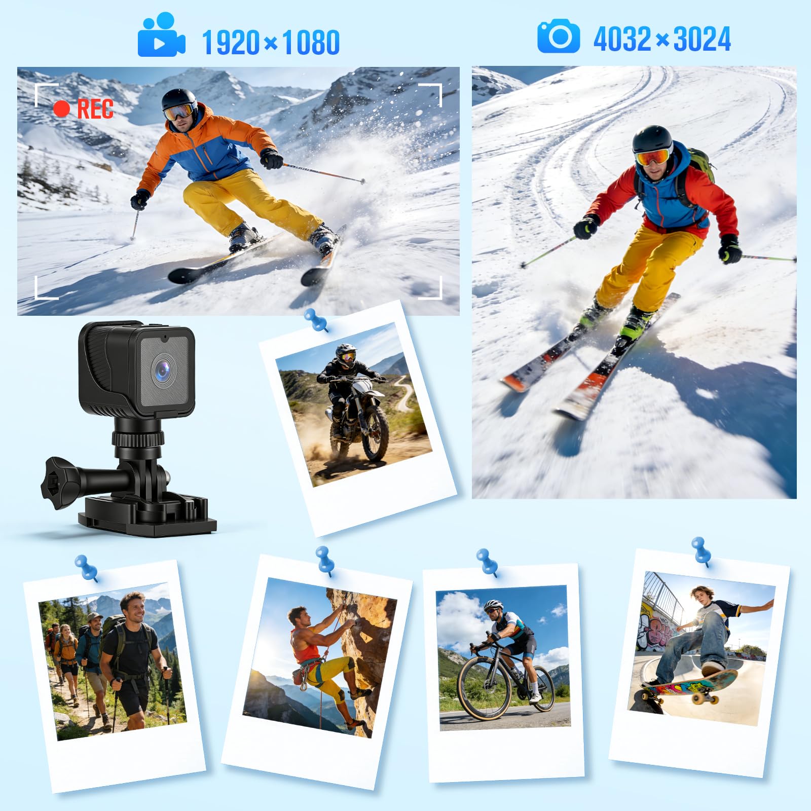 Mini Action Cam,WiFi 1080P HD & 120° Wide Angle Helmet Camera, versione migliorata Dashcam bicicletta con scheda di memoria da 64 GB