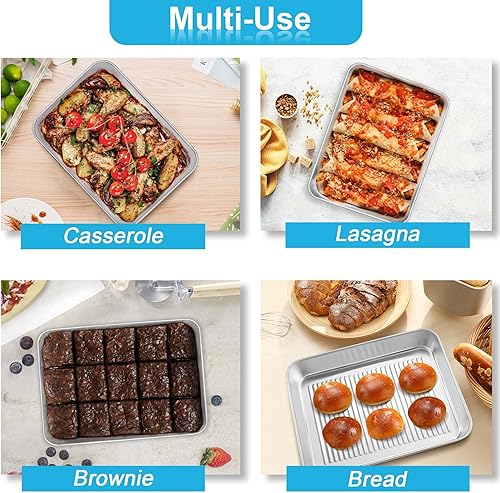 Miniatura 6 de TeamFar Moldes rectangulares para tartas, de acero inoxidable de 9.4 pulgadas, para hornear lasaña para horno tostador, fondo corrugado y superficie