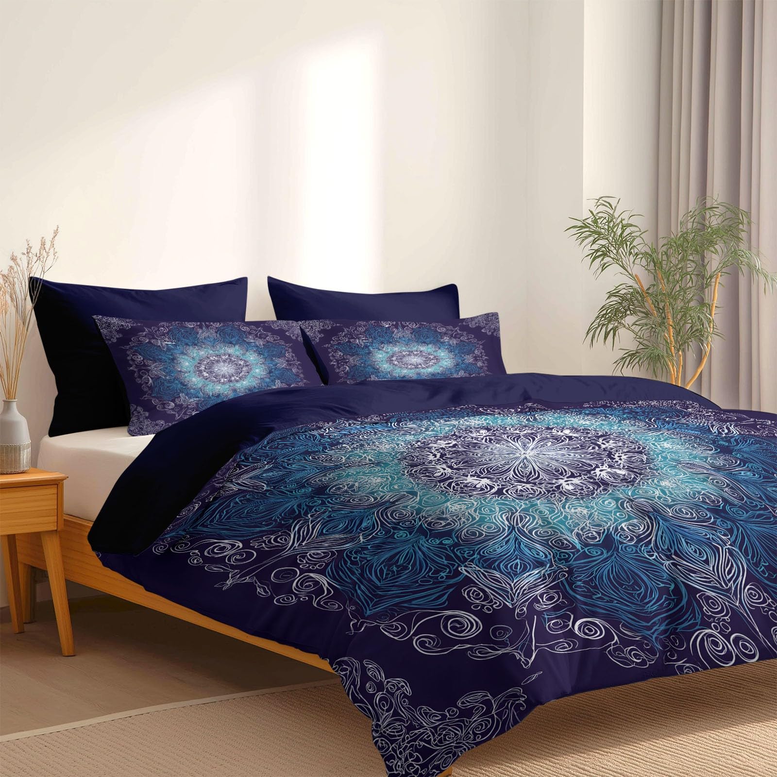 Boho Texturen Geometrisches Mandala Totem 3-teiliges Bettwäsche-Set, 1 Bettbezug 180 x 200 cm und 2 Kissenbezüge 80 x 80 cm,aus bügelfreier Mikrofaser Lila