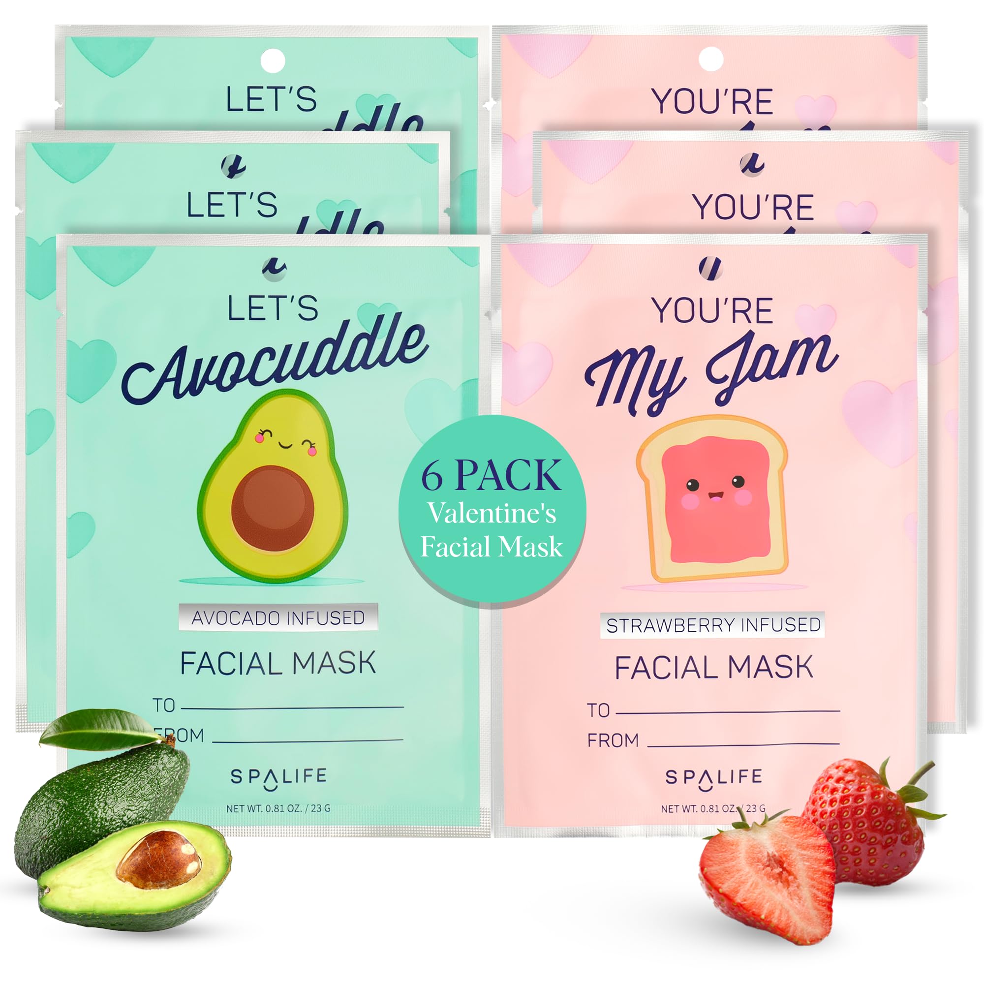 SpaLife Let’s Avocuddle & You're My Jam Valentines Face Masks Bundle | Avocado and Strawberry Extract Infused Sheet Mask Sets for Hydration and Glow |