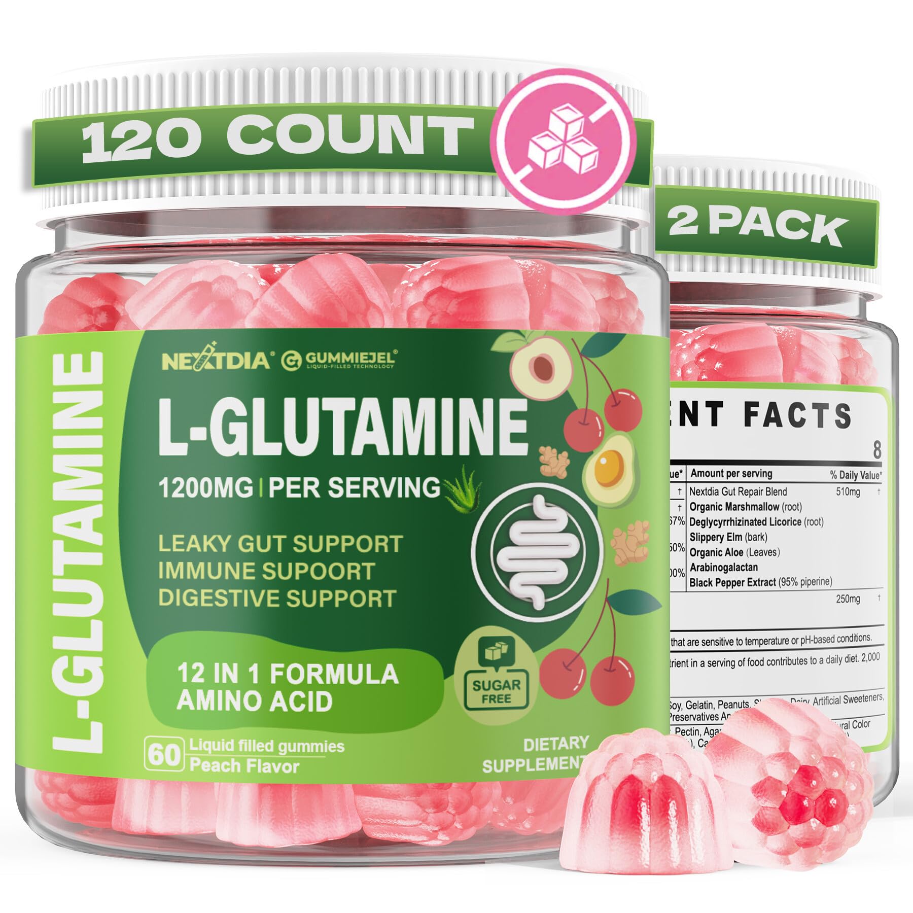 L-Glutamine 1200mg Gummies with Akk Probiotic, for Gut, Immune, Metabölism 120 Count ( Pack of 2 )