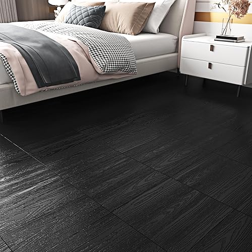 Wallercity Black Wood Peel and Stick Floor Tile for Living Room Bedroom Waterproof 12" x 12" Black Vinyl Sheet Flooring Planks Self Adhesive Plank Flooring Wood Grain Floor Tiles for Kitchen RV 5PCS