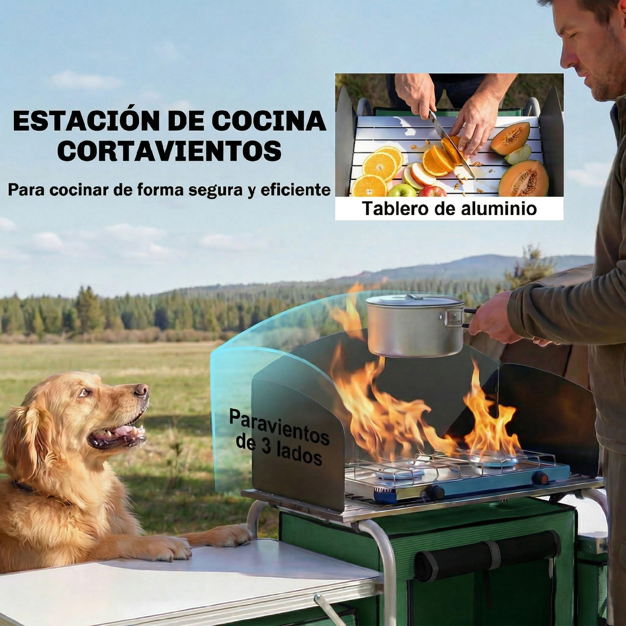 Outsunny Mueble Cocina Camping Armario Camping Plegable con Mesas Armarios Ganchos Estructura de Aluminio Poste de Luz Ajustable Paravientos y Bolsa de Transporte para Acampada 172x48x130 cm Verde