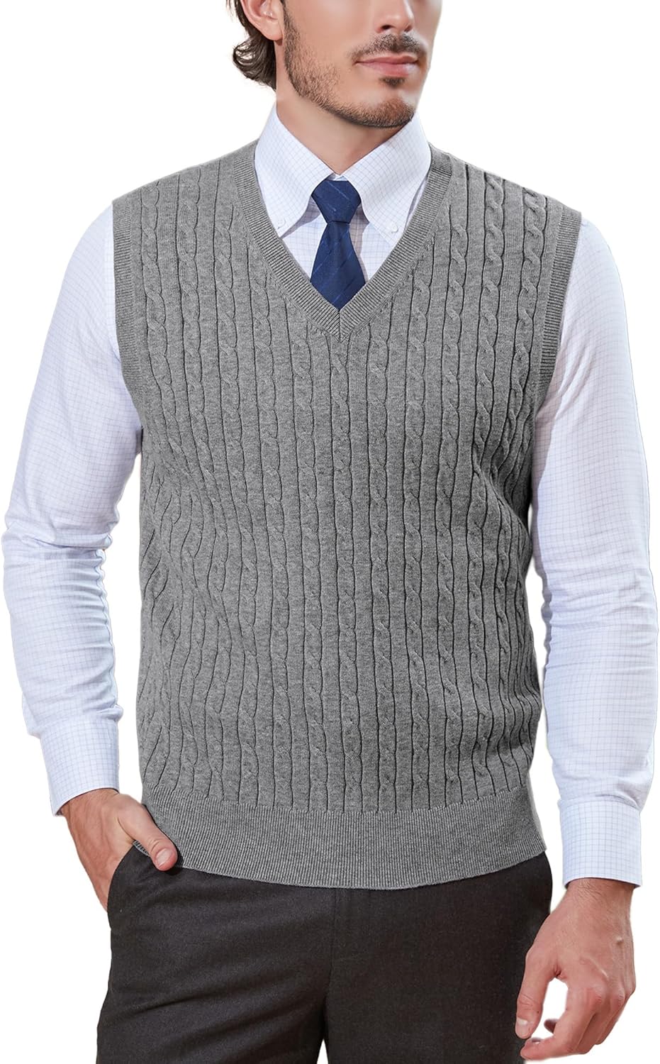 Kallspin Men’s Wool Blended Cable Knit Sweater Vest V Neck Relaxed Fit Sleeveless Pullovers