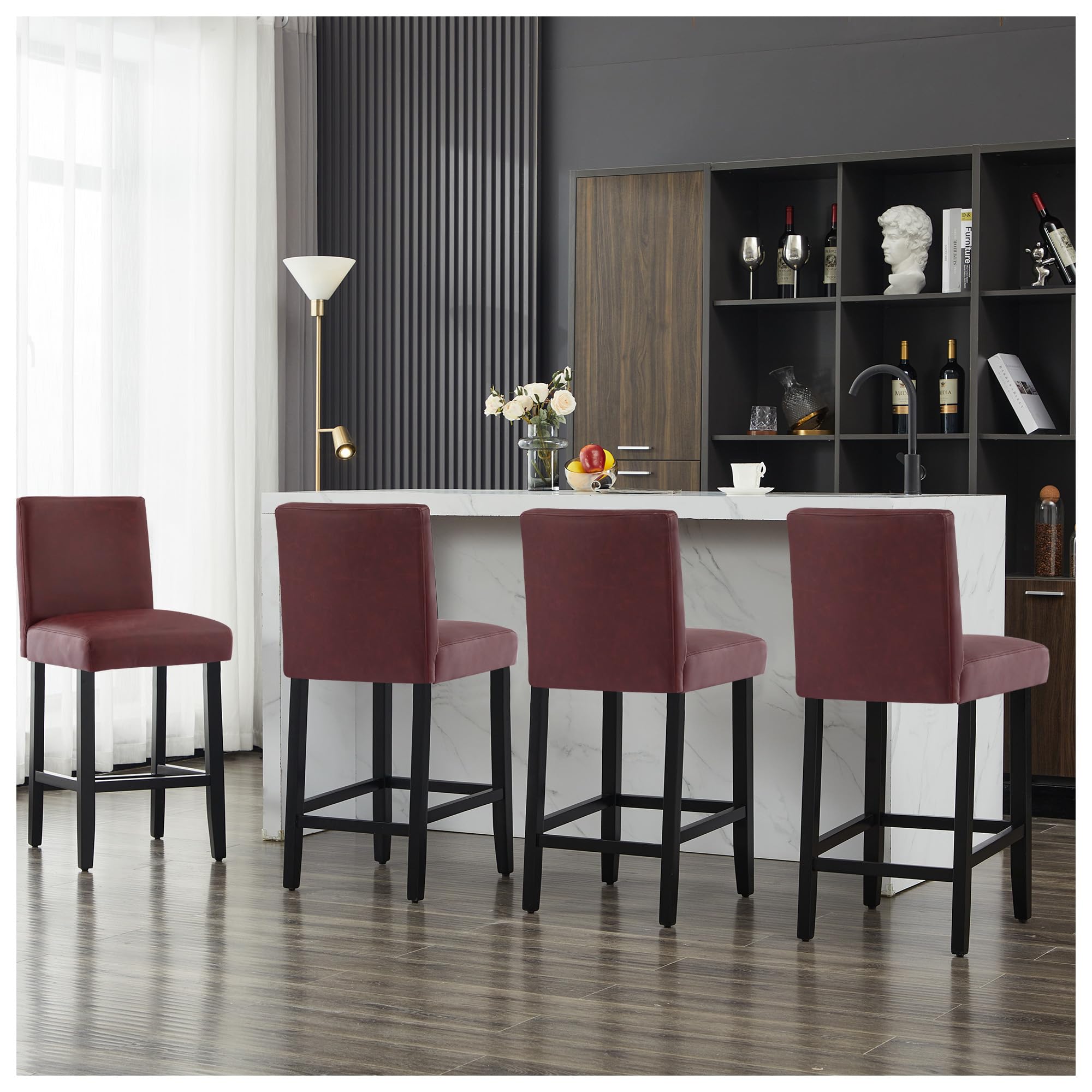 26'' Faux Leather Bar Stools Set of 4, Modern Upholstered Bar Chairs with Back, Soild Wood Legs Barstools for Kitchen Island, Red