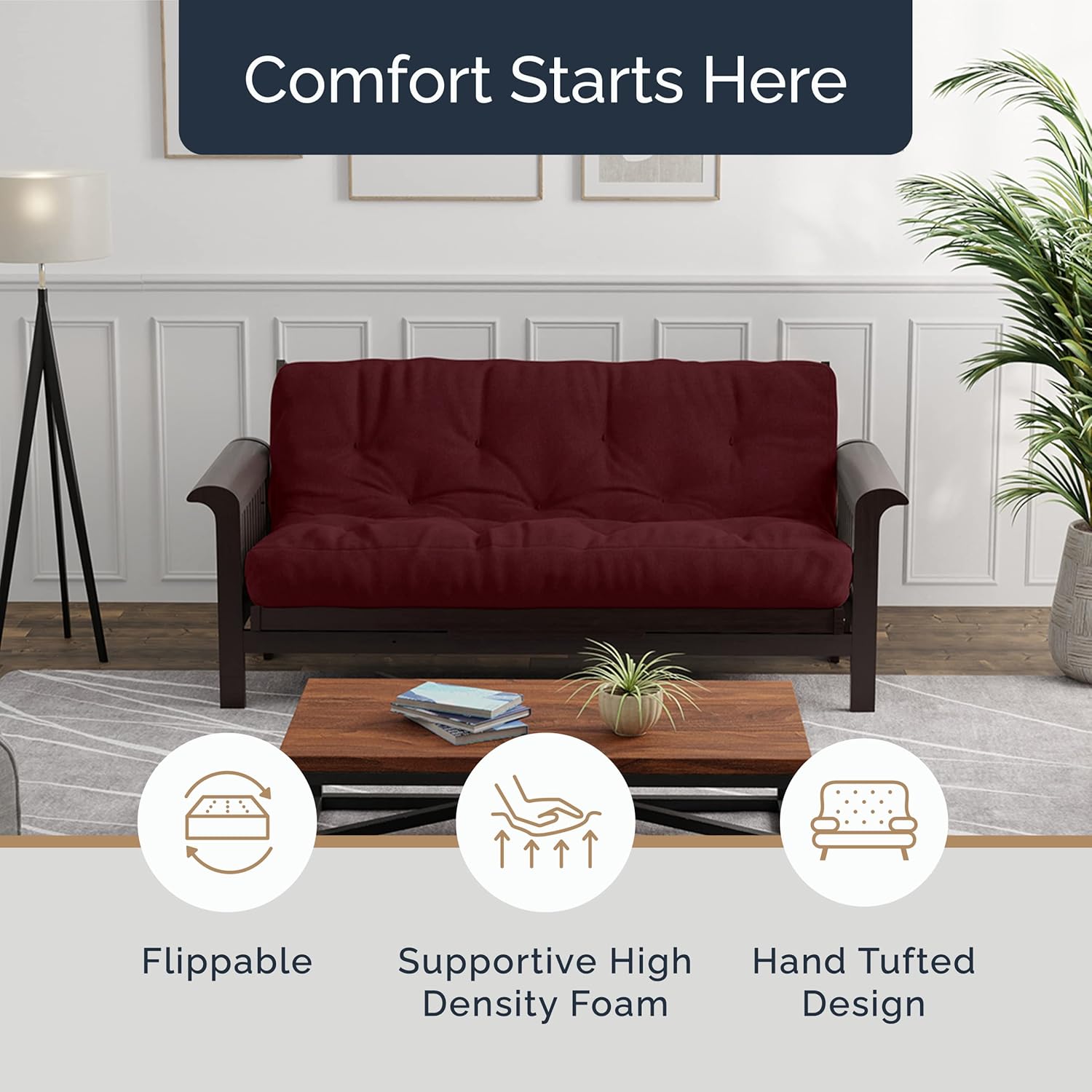 Loosh Home | 10" Queen Size Futon Sofa Bed Memory Foam Mattress - USA Made, Burgundy, Frame Not Included