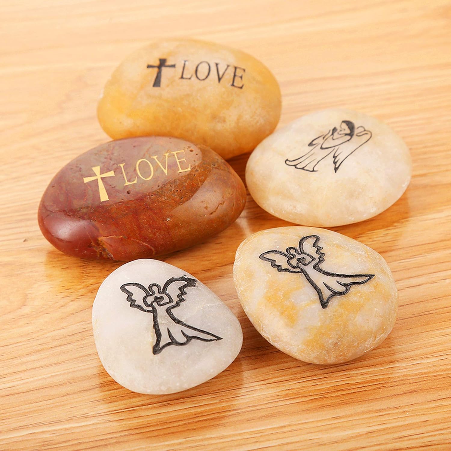 12PCS RockIpact Engraved Guardian Angel Stones Hope Love Faith Believe Inspiration Worry Healing Stones Novelty Serenity Prayer Rock, Pocket Sized Shiny Pebbles (Set of 12, Bulk Lot)