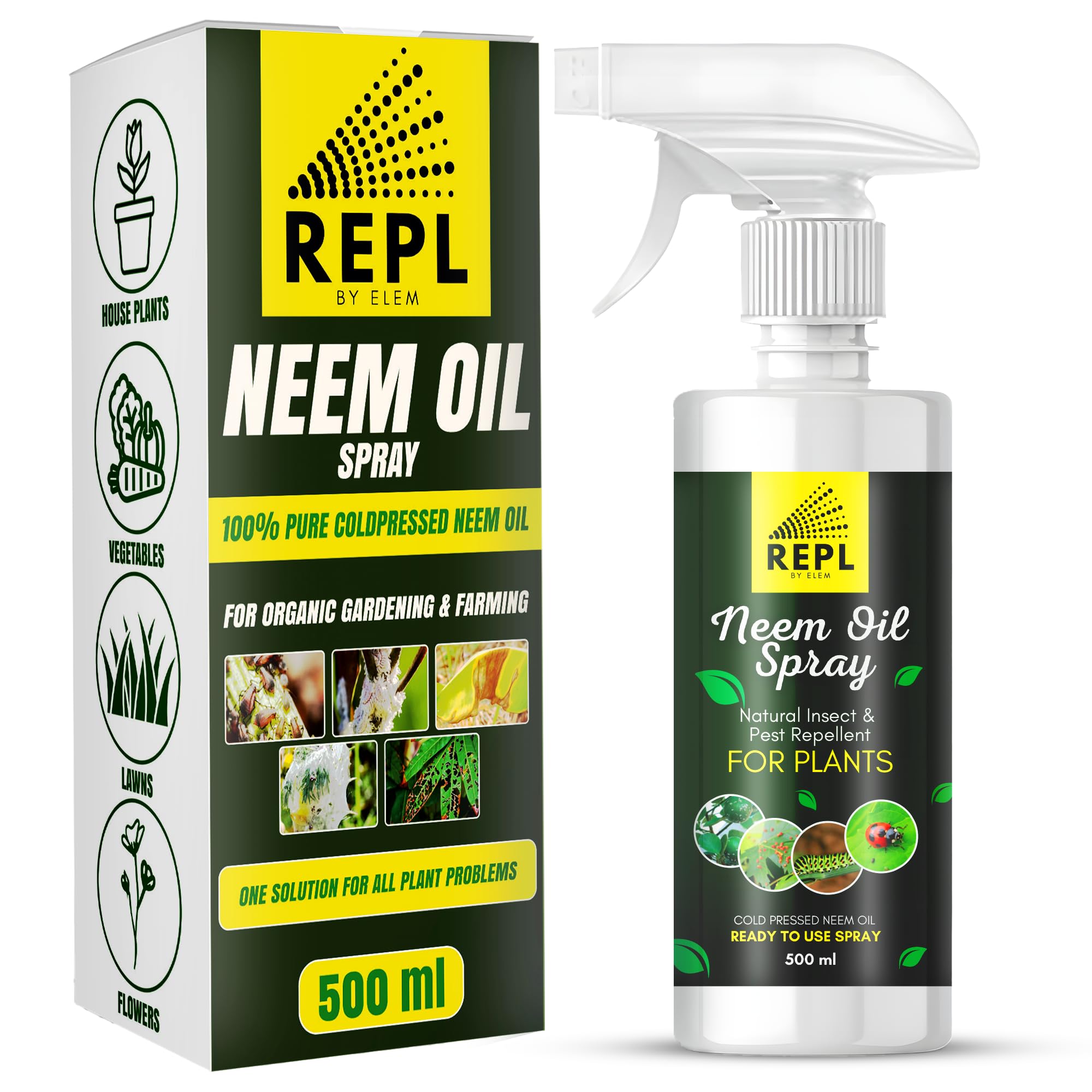 Elem Repl Neem Oil Spray Natural Insect Repellent Spray For Plants, Mealy Bugs Spray For Plants, Fungus Repellent For Plants Home Garden, Repels Fungus, Mites, Flies, Aphids, Mealy Bug Buster, 500 Ml