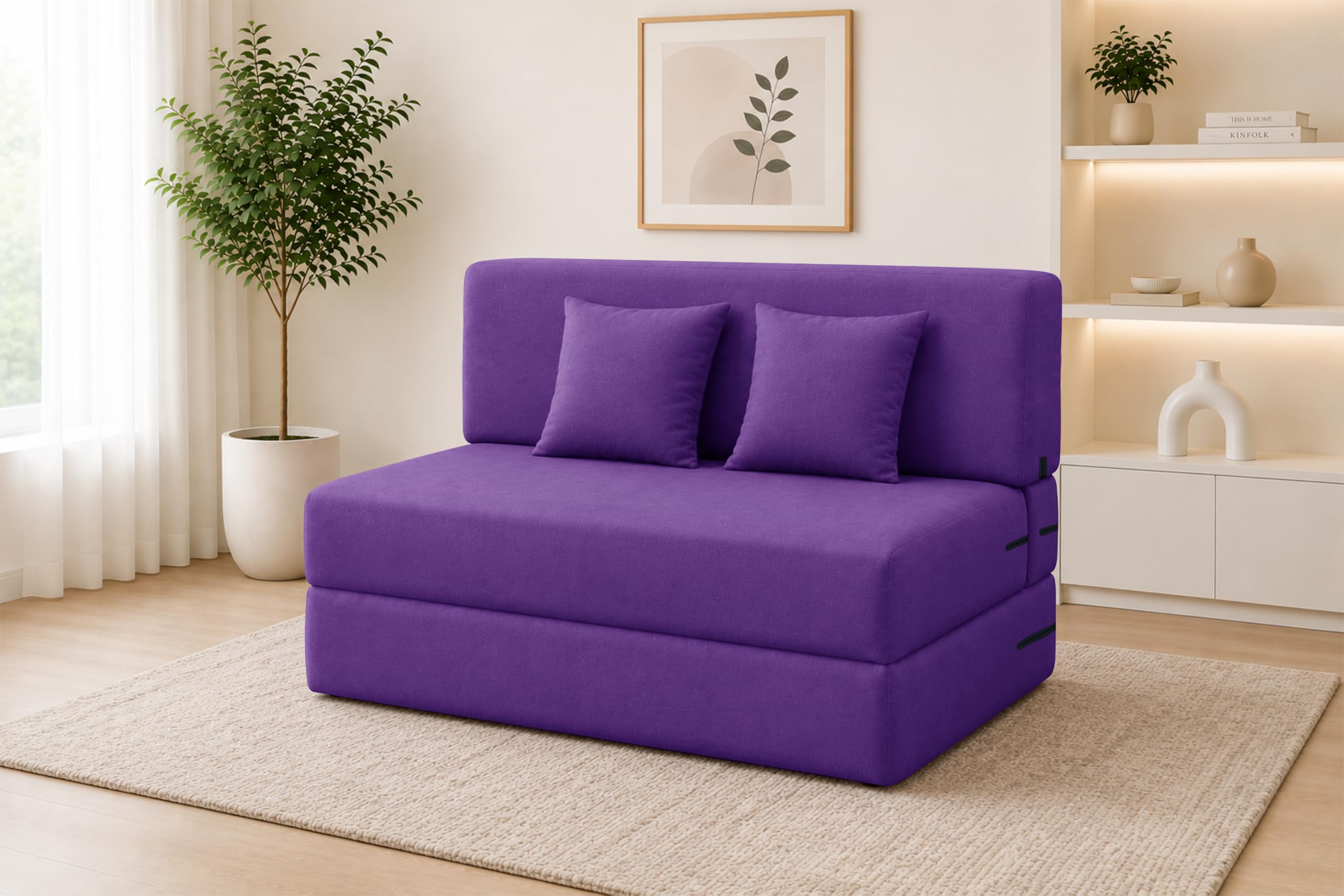 Los Angeles Foldable Two Seater Sofa Cum Bed, Sofa Bed 4 X 6 Feet Jute Fabric Washable Cover- Including Cushion Perfect for Living Room - Purple Color
