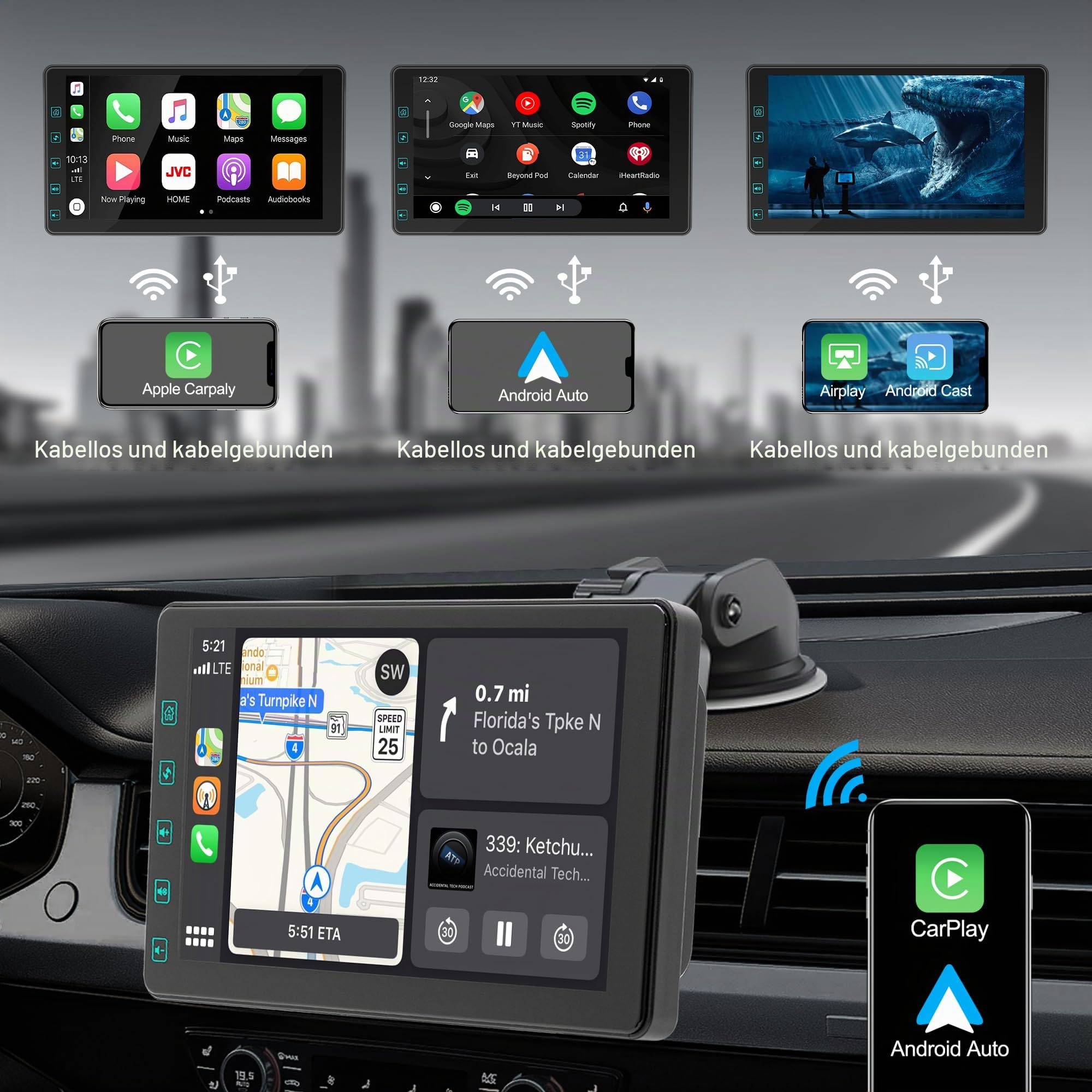 [Wireless] 7" Wireless Autoradio with Carplay & 1080P Reverse Camera,Portable Touch Screen Car Play GPS Navigation for Car,Car Audio Receivers with Mirror Link, Android Auto,Bluetooth,FM, Siri