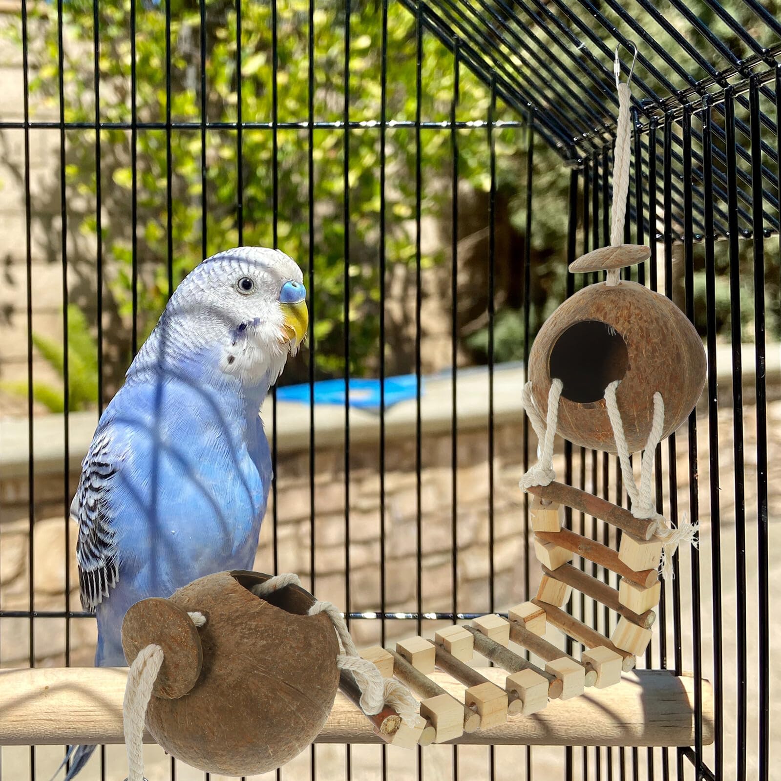 ibasenice Kokosnuss vogelnest mit Leiter Hängendes Vogelhäuschen für Papageien und Wellensittiche Langlebiges Multifunktionales Nist Schlafhaus Dekoratives Vogelspielzeug für Käfig und