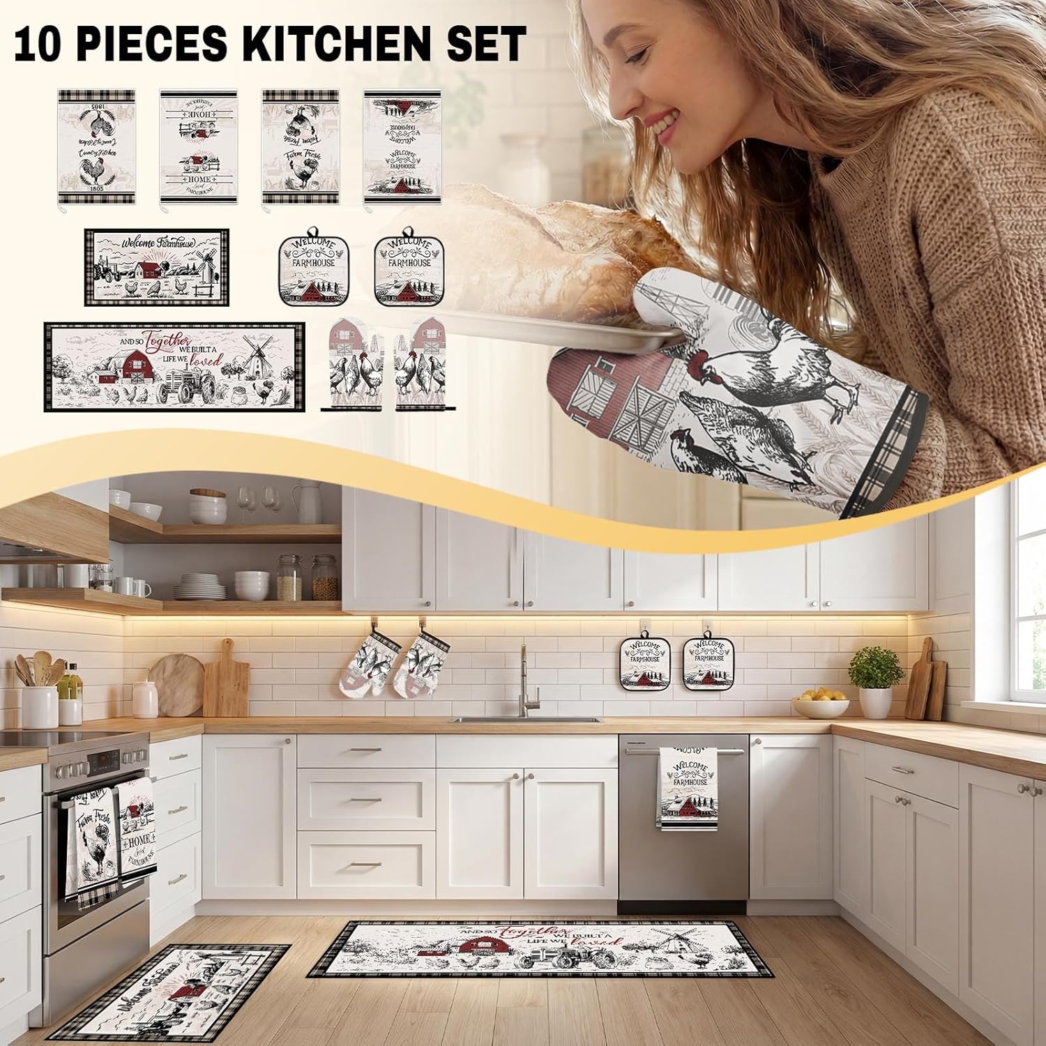 Rooster Kitchen Decor Set 10 Piece - Farmhouse Chicken Red Barn Kitchen Mats, Towels, Oven Mitts and Pot Holders - Primitive Country French Style Home Decoration