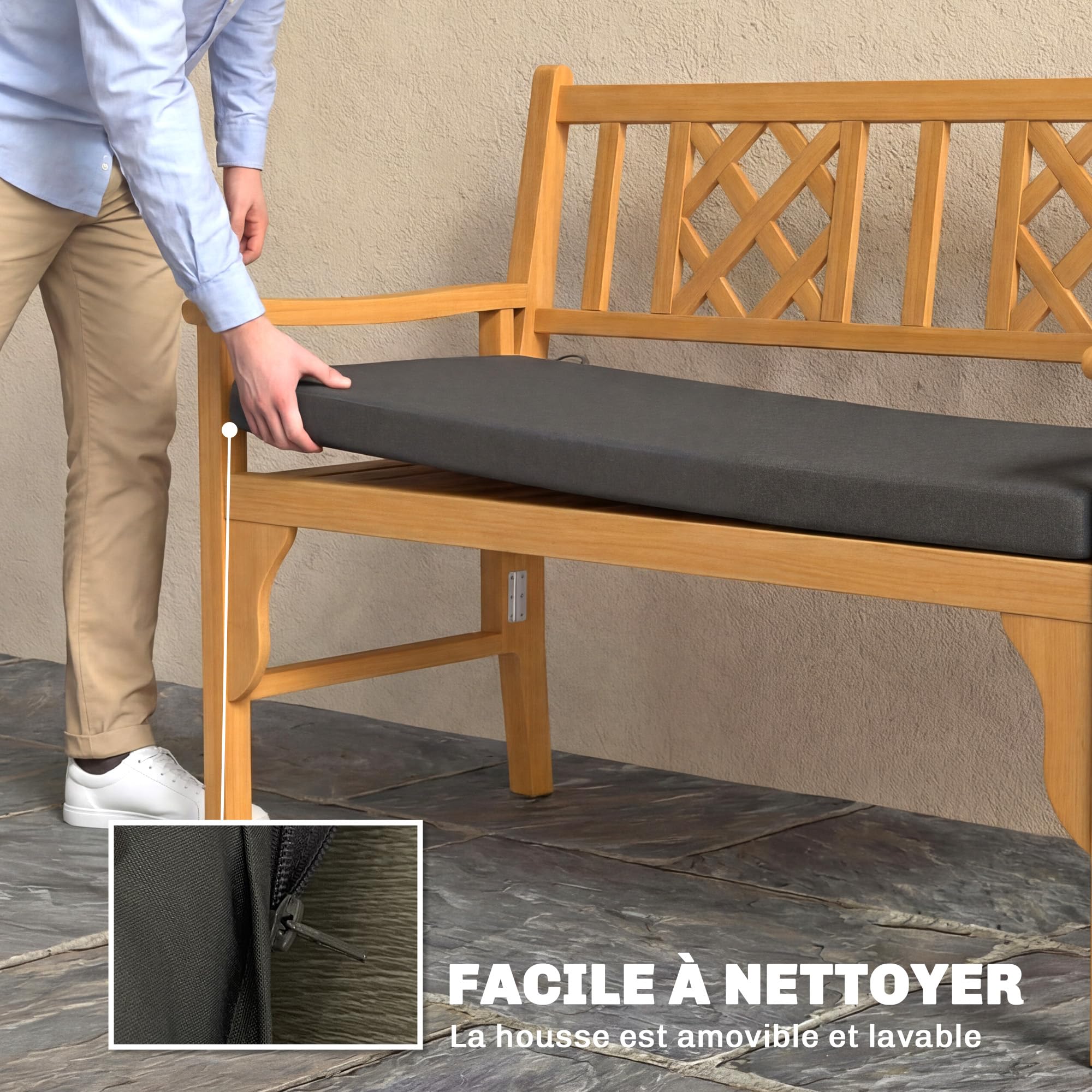 Outsunny Coussin de Banc, Coussin pour Banc de Jardin pour l'extérieur et l'intérieur, Housse Amovible Lavable, UPF 30+, Sangles de Fixation, Jardin, Patio, 110 x 46 x 6,5 cm, Gris foncé