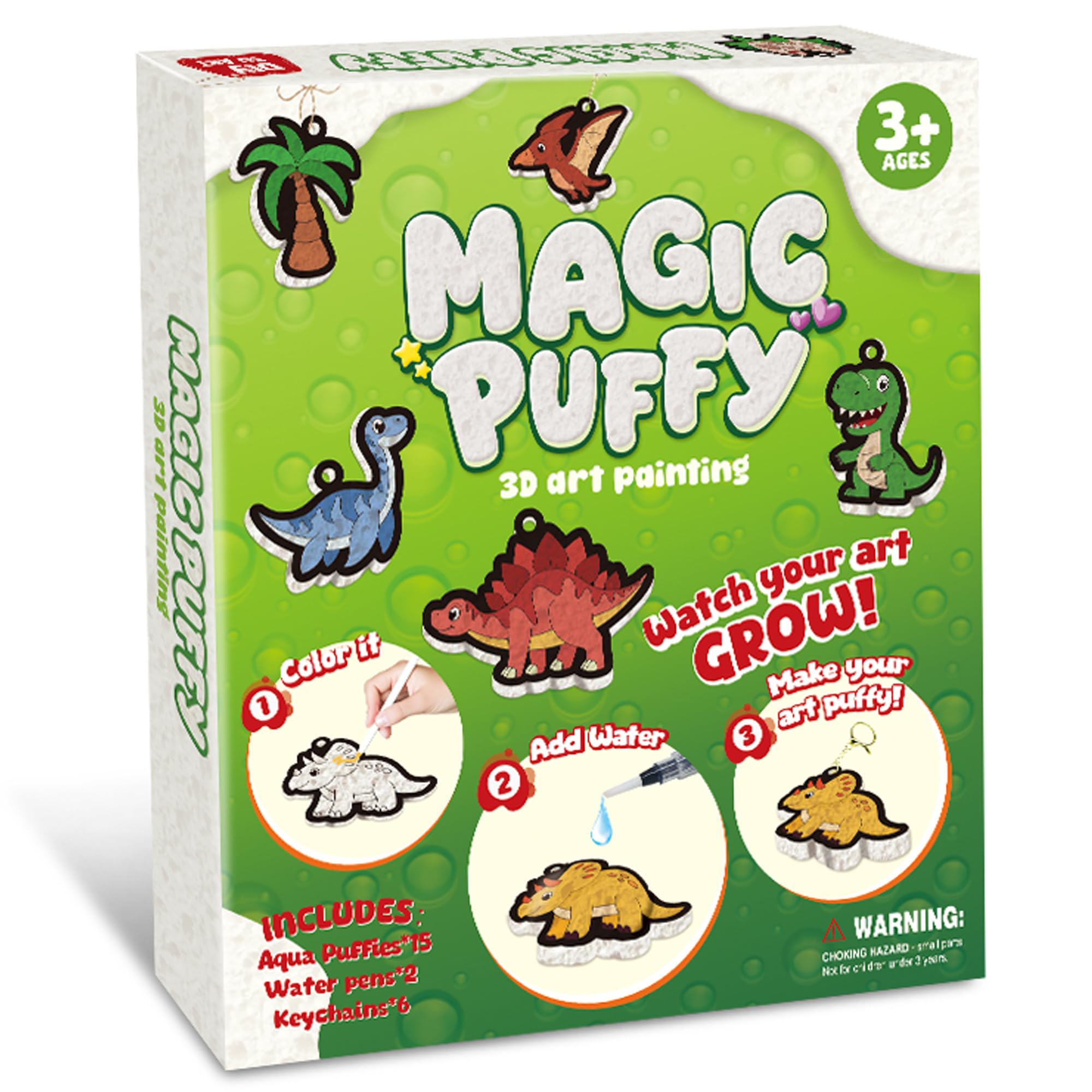 MZYTOZA 3D Art Kit Aqua Magic Puffs Dinosaur - Double-Sided, 15 Mess-Free Paint by Number Craft for Kids, Christmas Gift Idea &amp; Stocking Stuffer, Art Projects with Puff Markers