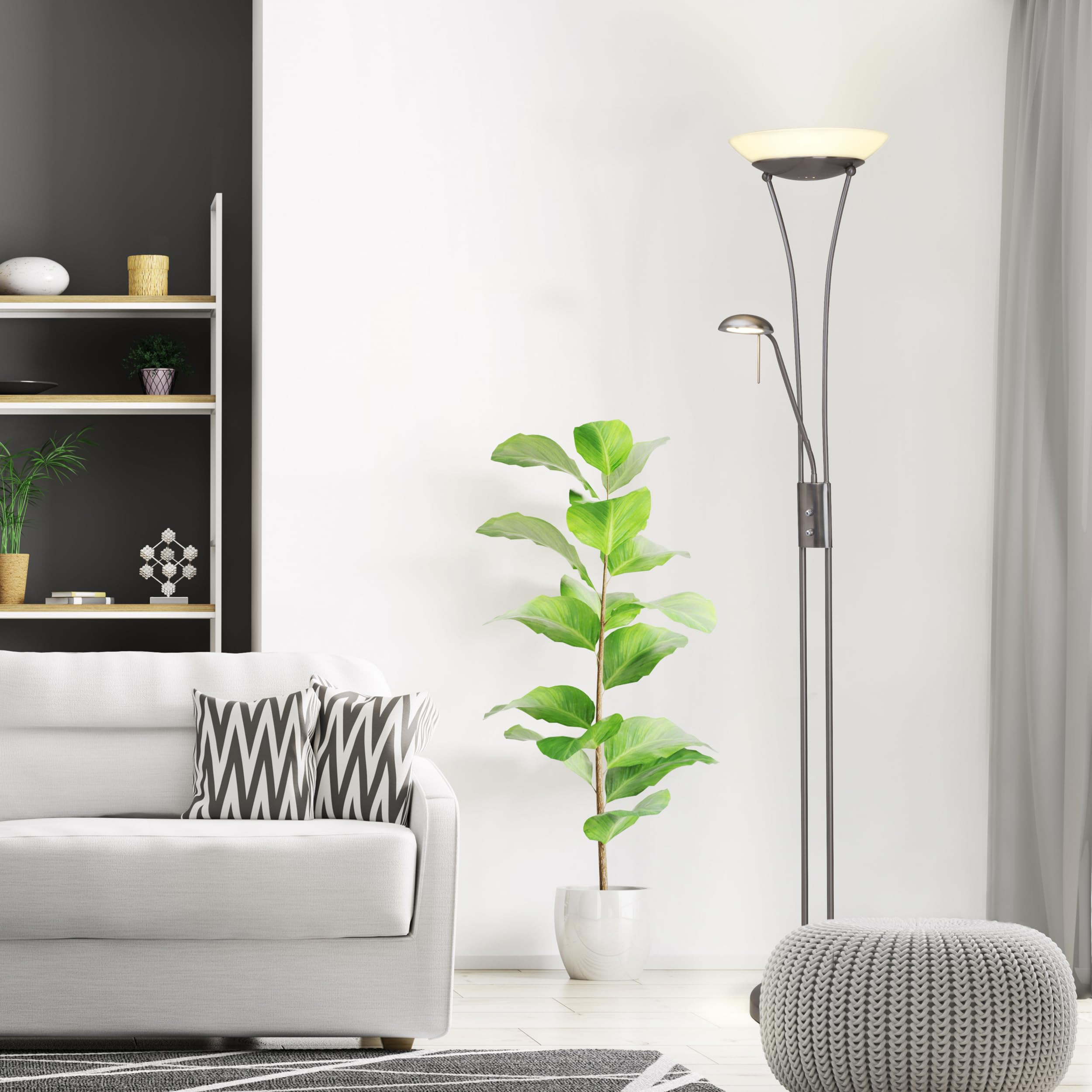 Lightbox eisenfarbene LED Deckenfluter - Basic Stehleuchte mit einstellbarem Lesearm - Helligkeit über Drehdimmer einstellbar & 1,8 m Höhe - max. 2500 lm - 3000 K - aus Metall/Glas