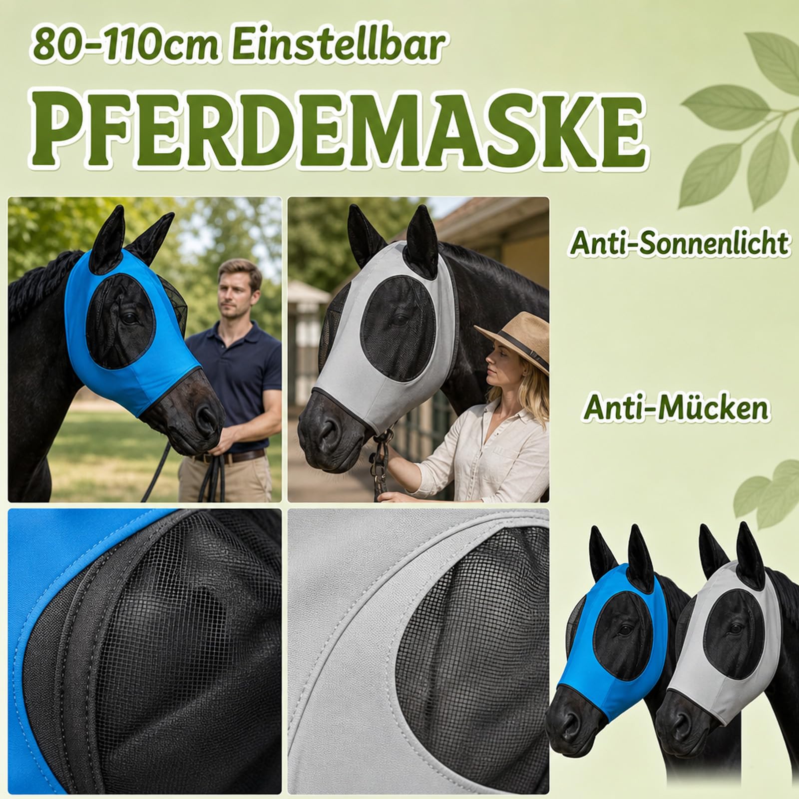 2 Stück Fliegenmaske Pferd mit Ohren, Dehnbare Fliegenhaube Pferd mit UV-Schutz, Nahtloser Fliegenschutz Pferd ohne Reißverschluss, Atmungsaktives Netzgewebe für Sommer & Weidegang (Blau/Grau)