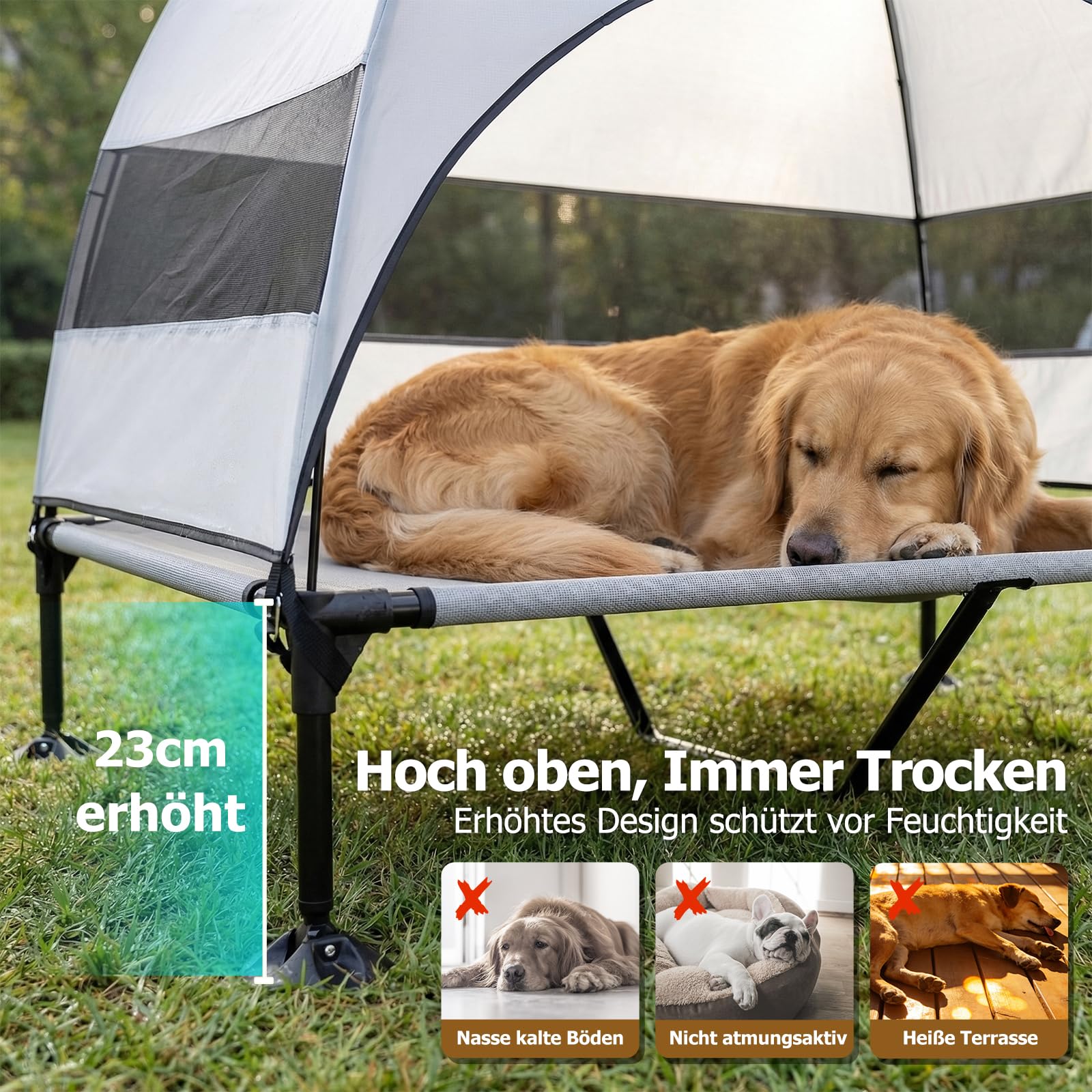 Erhöhtes Hundebett Outdoor mit UV-beständiges Dach，Hundeliege Klappbar mit Anti-Rutsch-Füßen, Hundezelt Outdoor mit Großem Schatten, Kühlendes ErhöHtes Hunde Bett für Camping, Garten & Pool (Grau, XL)