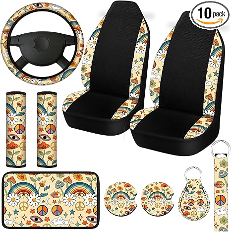Riakrum 10 Pcs Boho Daisy Car Seat Covers Full Set for Women Mushroom Steering Wheel Cover Seat Belt Cover Armrest Pad Cup Mat Keychain Wrist Strap for Auto SUV Accessories
