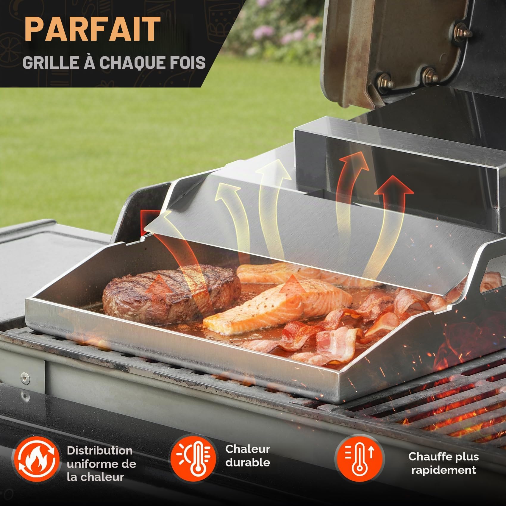 Onlyfire Plaque Plancha en INOX avec Couvercle et 2 Spatules, Plaque de Cuisson Professionnelle 40 x 30 cm pour Barbecue à Gaz, Épaisseur 4 mm avec Trou d'Écoulement d'Huile pour Cuisine Extérieure