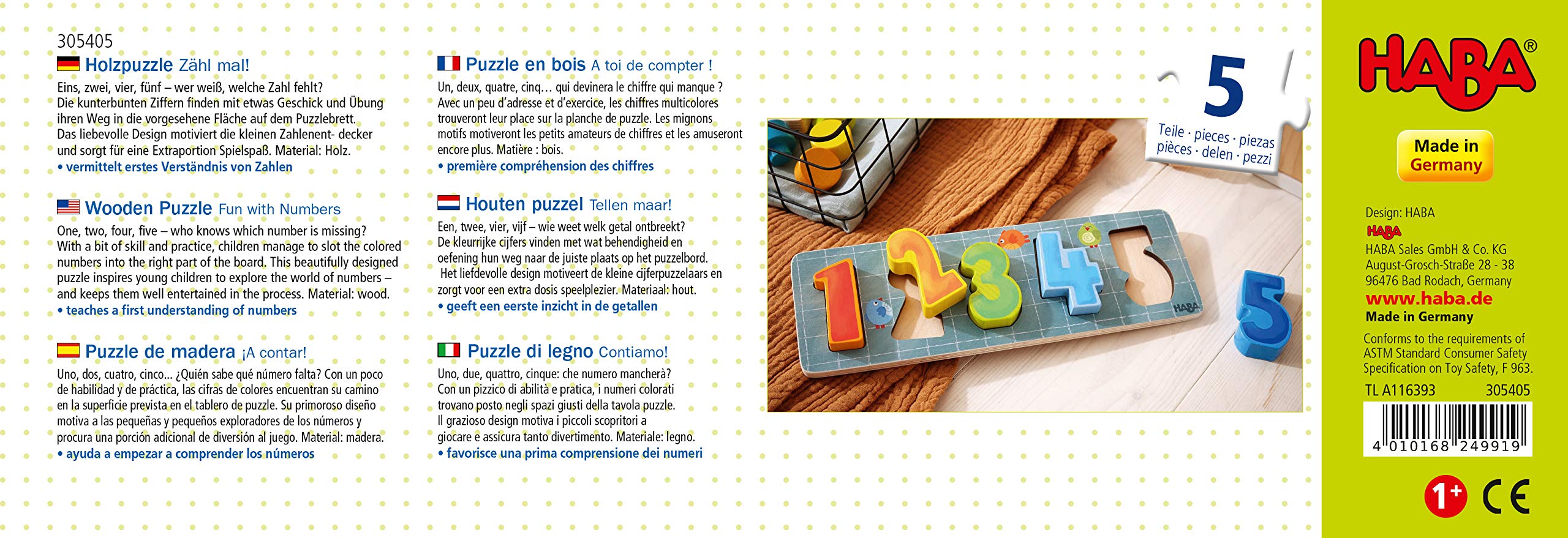 HABA 304589 Puzzle In Legno Animali Colorati, 5 Pezzi Con Bottoni, Per Bambini Da 12 Mesi - Gioco Educativo Motorio - 2