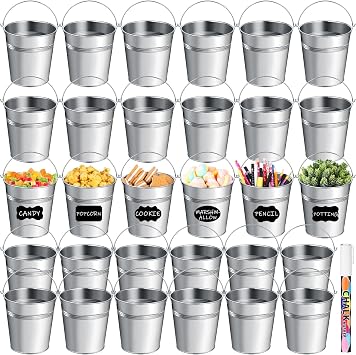 Rtteri 30 Pcs Small Galvanized Metal Buckets with Handle Bulk 5 x 4.5 Inches with Chalkboard Labels and Dry Erase Pen, Snack Baskets for Wedding, Garden Planters, Party Decorations & Crafts