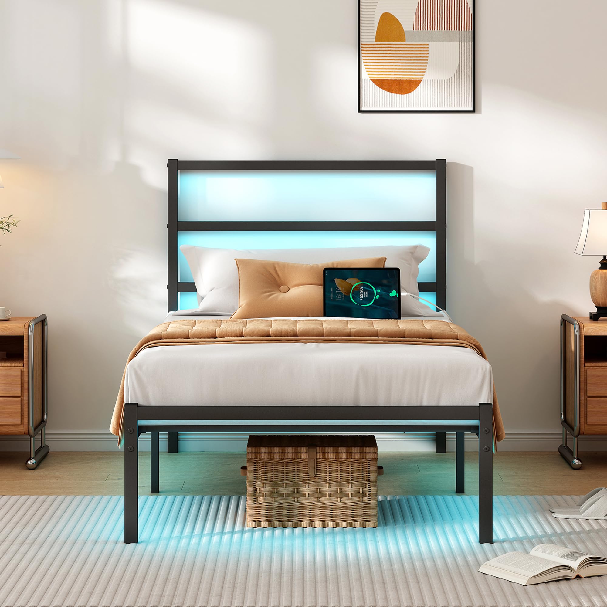 Photo 1 of CLIBFENG Twin Bed Frame with Headboard,Heavy Duty Steel Slats Support-LED Bed Frame with USB Charging Station,Mattress Foundation-Under Bed Storage,No Box Spring Needed,Noise Free?Black