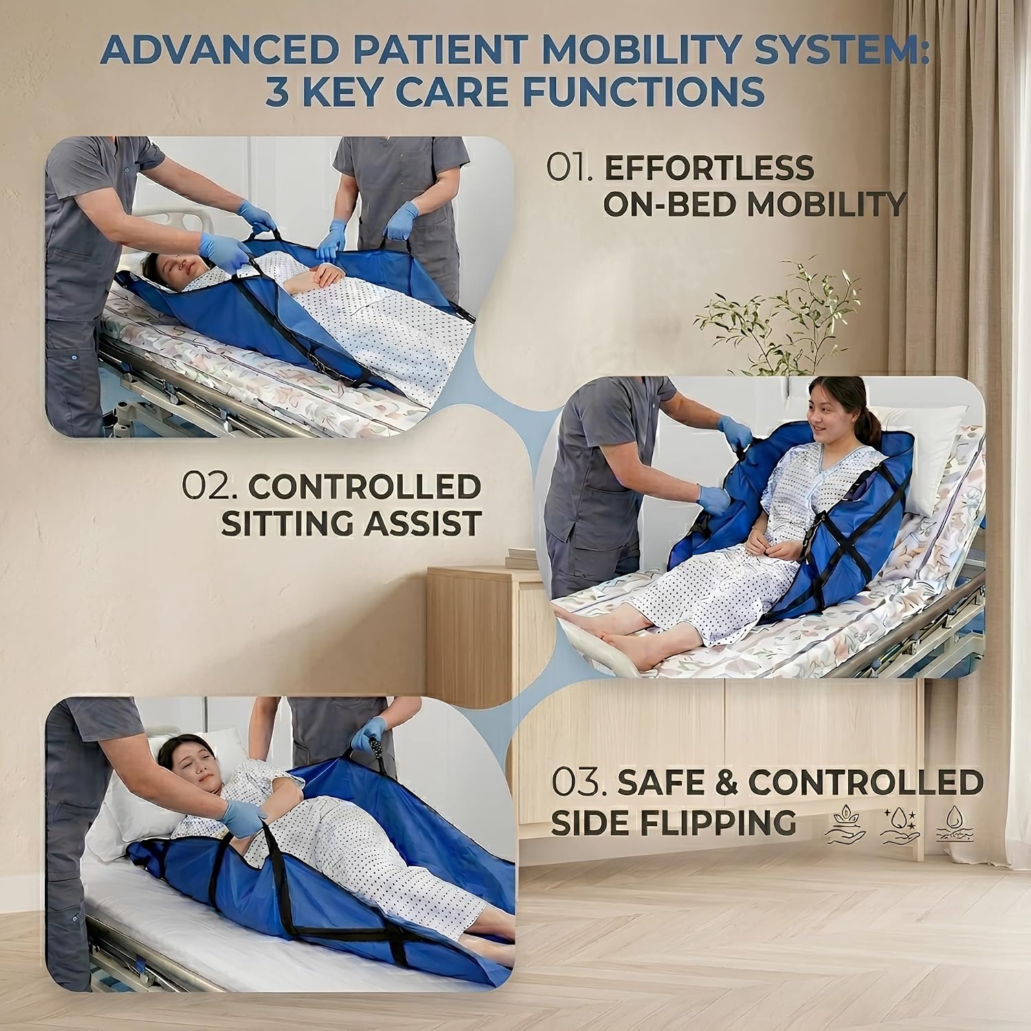Positioning Bed Pad 48" x 40" with 8 Non-Slip Handles – Reusable Patient Transfer Sheet for Turning, Safe Lifting & Mobility Assistance, Foldable Caregiver Support for Hospital or Home Use, Blue
