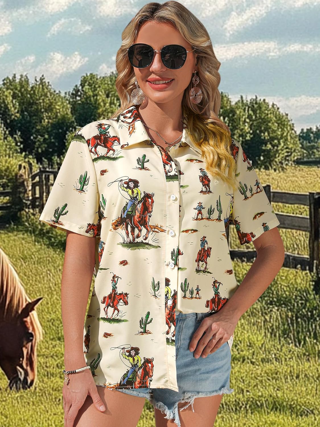 MYMORE Women's Western Cowgirl Button Up Shirt Vintage Print Short Sleeve Hawaiian Shirt Top Cute Country Concert Outfit - Image 4