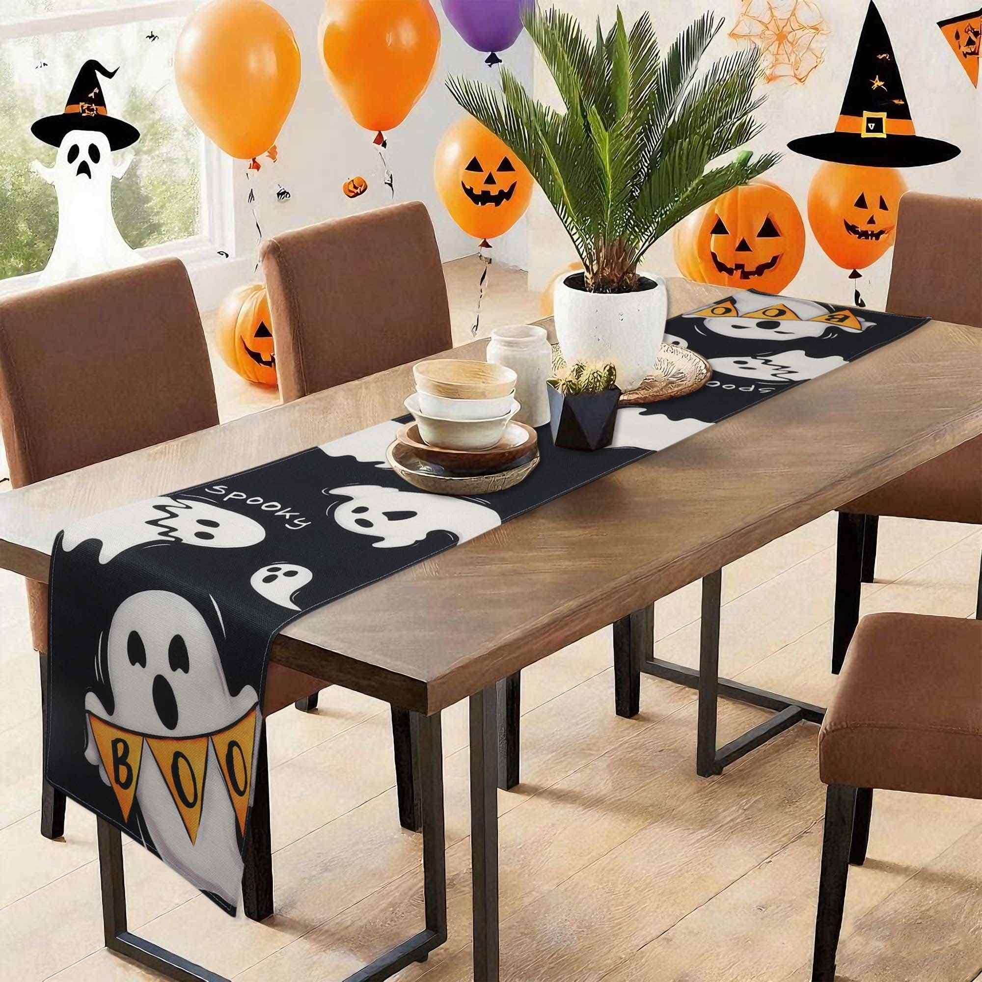Gyrodymix Table Runners Halloween Spooky Ghost Table Runner for Theme Gathering Dinner Party Decorations Black White