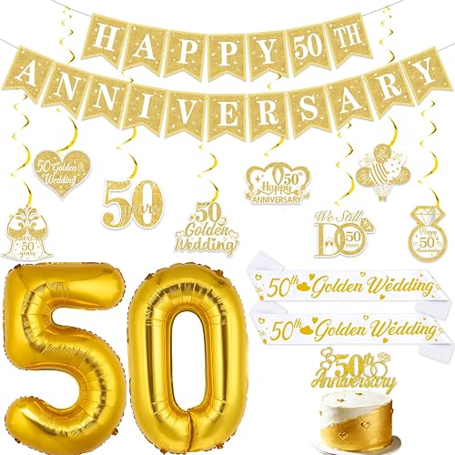 SHADOAMP Happy 50th Anniversary Decorations Set for Golden Wedding Party Decor w