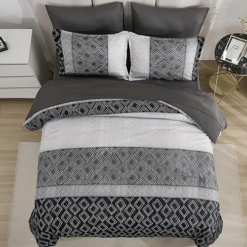 Miniatura 2 de Dinjoy - Juego de edredón Queen de color gris oscuro boho, suave juego de 7 piezas en una bolsa tamaño Queen, juegos de cama negros con edredones