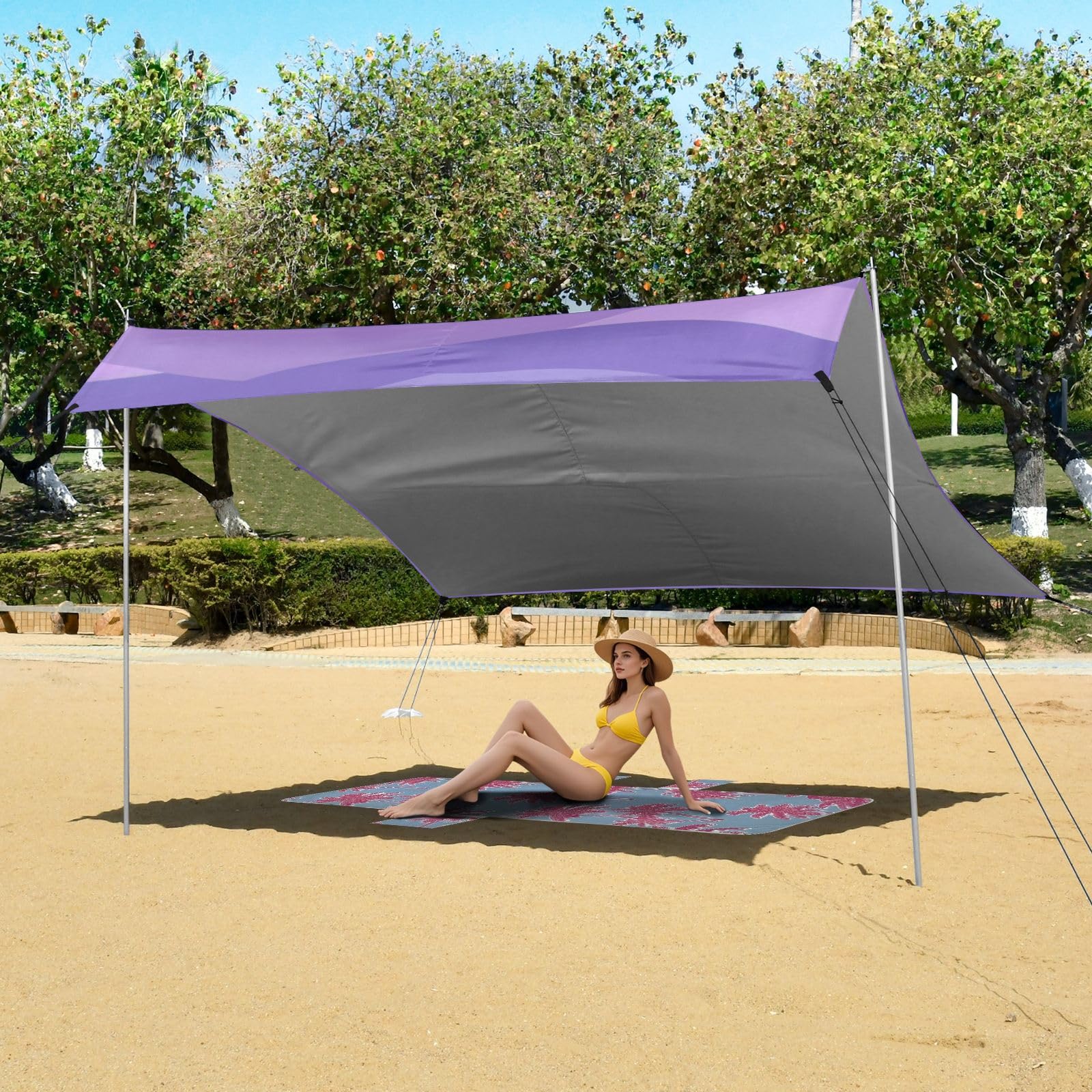 Grand pare-soleil imperméable avec pelle à sable, sac de sable pour camping, pêche, loisirs dans le jardin ou pique-niques Violet