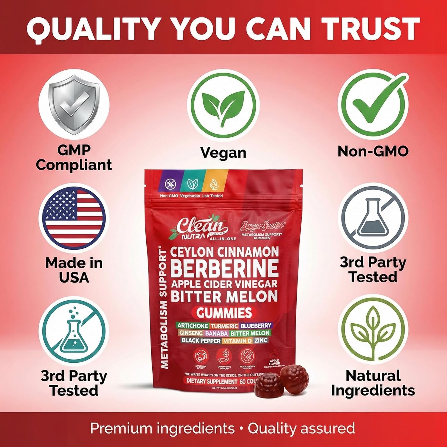 Sugar Savior Ceylon Cinnamon Berberine Gummies Apple Cider Vinegar Artichoke Turmeric Blueberry Ginseng Banaba Bitter Melon Black Pepper Vitamin D Zinc GLP1 Gummies 60 Count by Clean Nutra