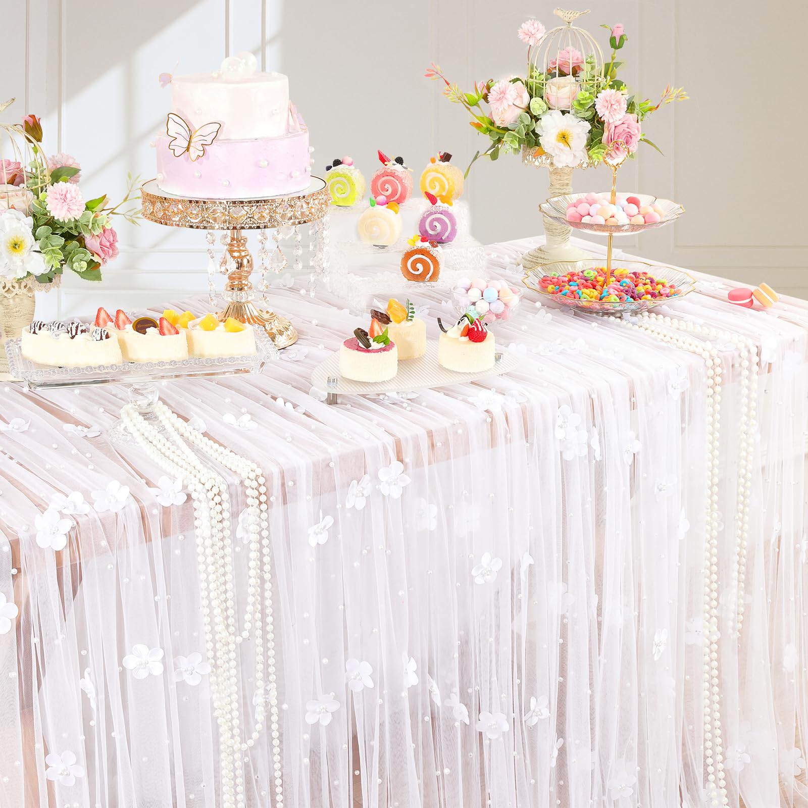 Muslin Fabric Champagne Tulle Fabric Pearl Tablecloth, 5 Yards Pearl Table  Runner Lace Tablecloth Wedding Arch Decor Tulle Ribbon Sewing Dress Clothes Table  Cover For Wedding Party Birthday Baby Shower Decor White, image size:1600x1600