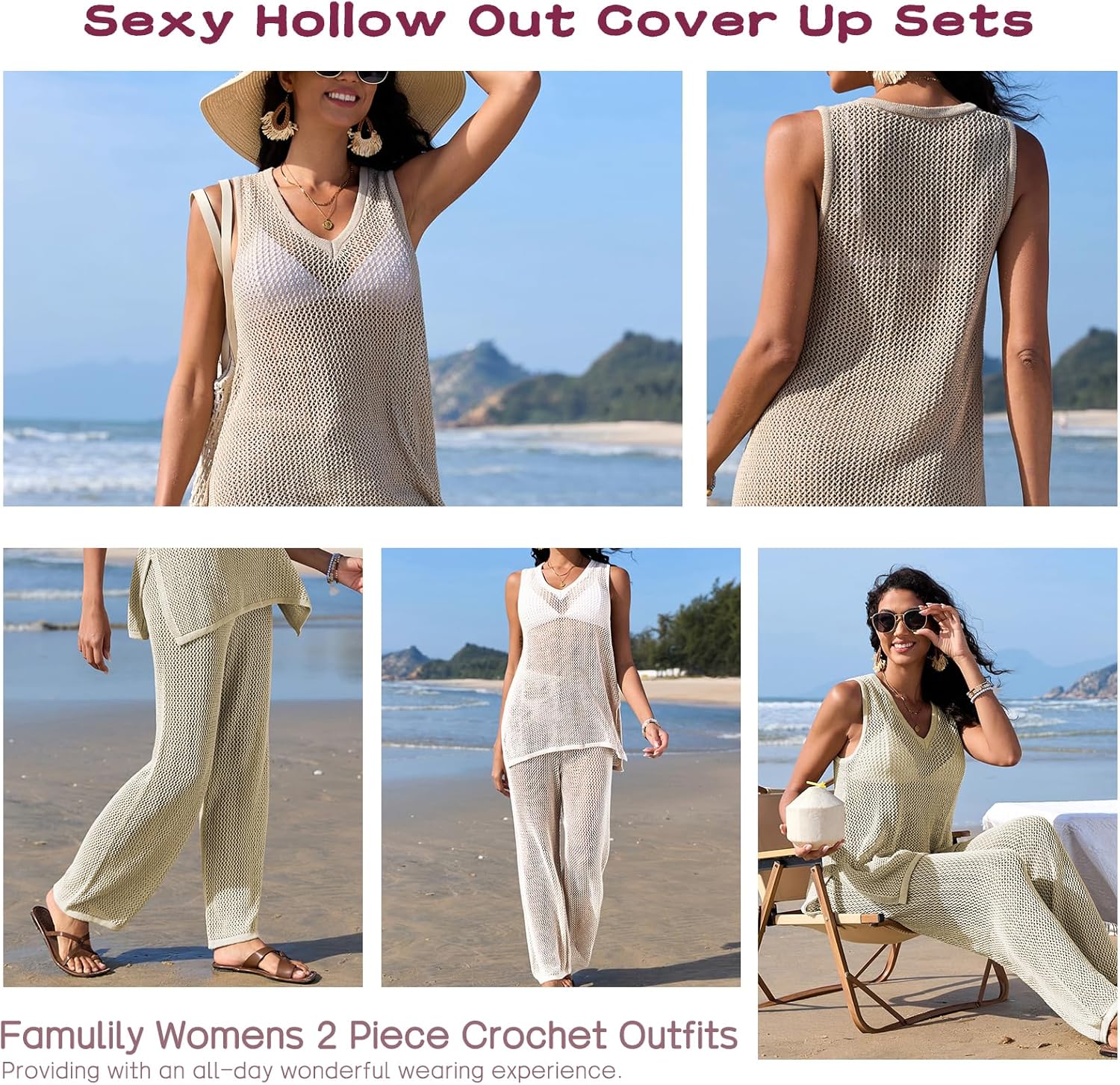 Famulily Womens 2 Piece Crochet Knit Outfits Summer Hollow Out Cover Up Sets Sleeveless Deep V Neck Top and Wide Leg Pants - Image 7