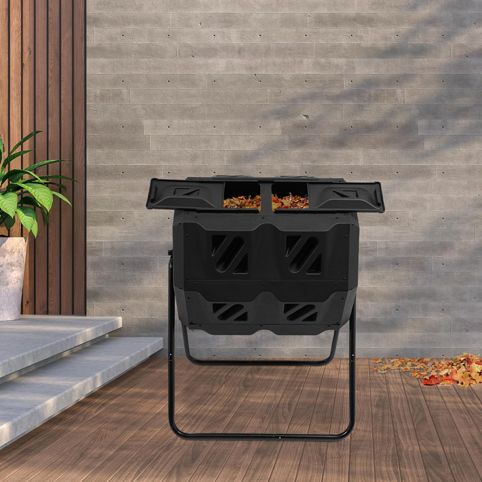 Composteur rapide de jardin réversible 160 l en polypropylène avec 2 chambres et cadre anti-rouille – Production rapide d'engrais bio pour jardin/cuisine