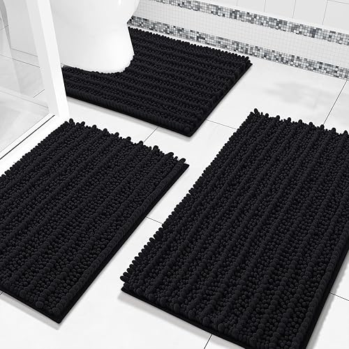 Miniatura 16 de Arotive Juego de 3 alfombras de baño de chenilla, extra suaves, absorbentes, peludas y de contorno en forma de U, antideslizantes, lavables a Gris